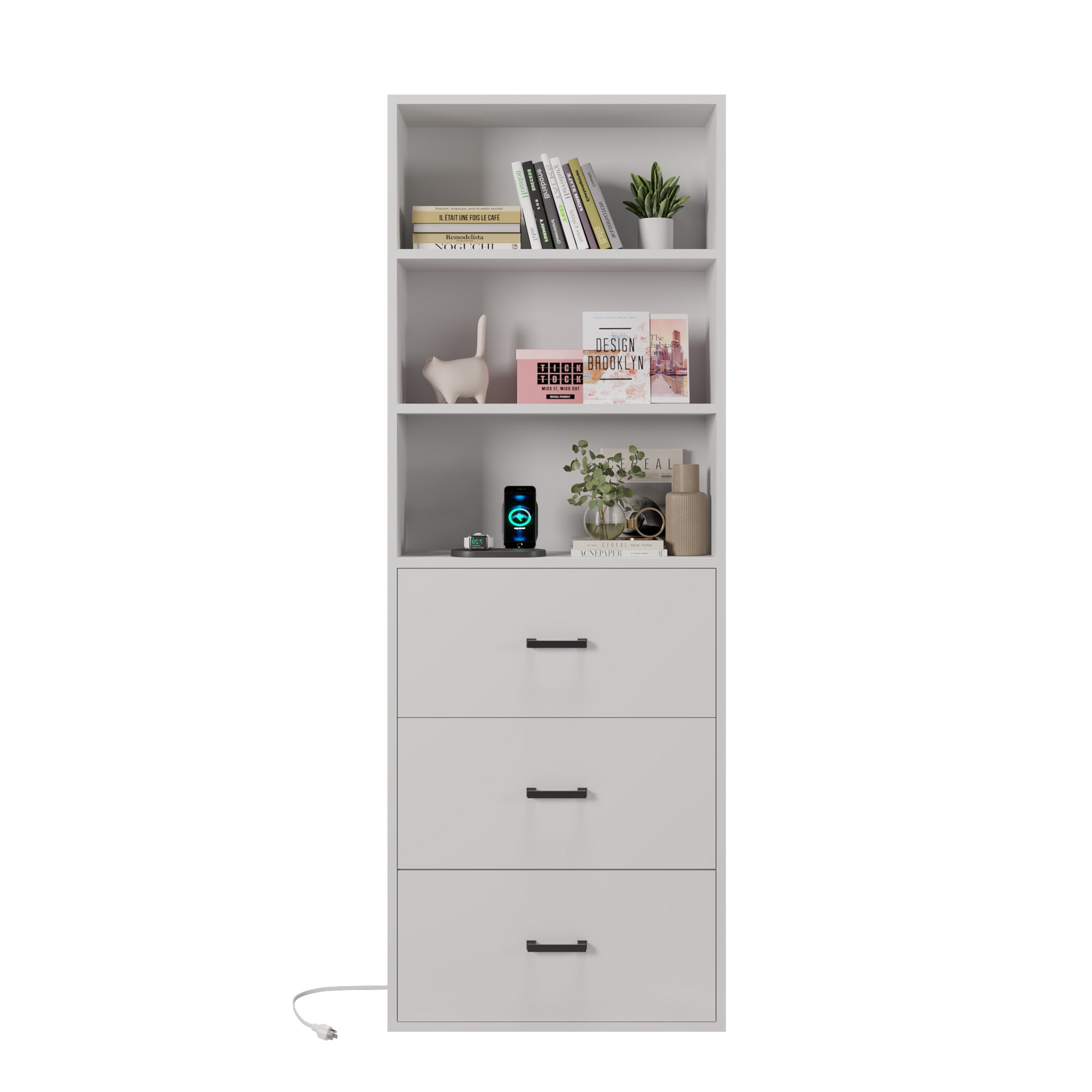 HAOYYE  3-Layer Display Cabinet with 2 USB Ports and 2 Plugs, US Standard, 3 Drawers, Triamine Board, White Soft Cozy Warm Flannel Fleece Home Decor, Luxury Comfortable Unique Design, Premium Quality Storage Solution for Bedroom and Living Room