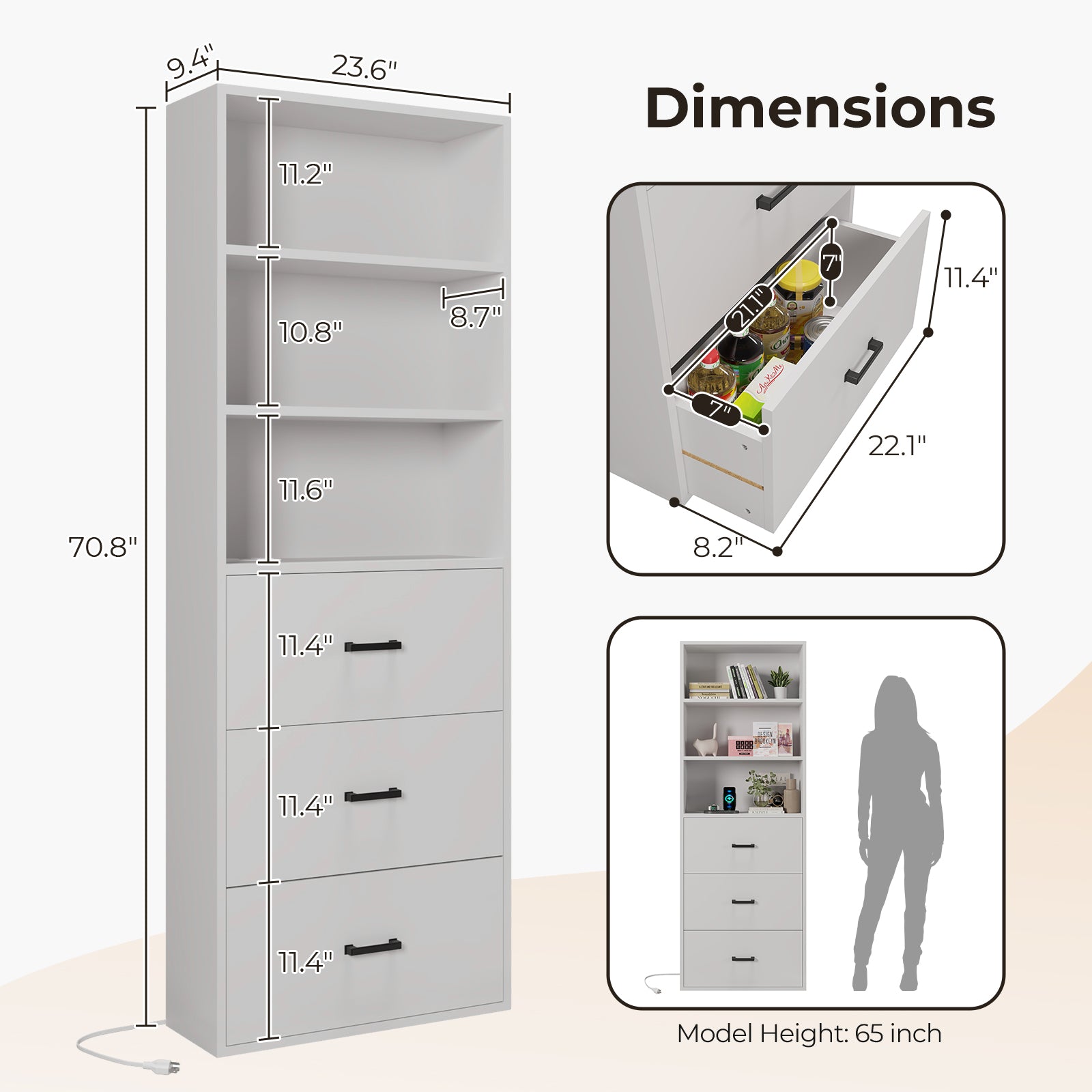 HAOYYE  3-Layer Display Cabinet with 2 USB Ports and 2 Plugs, US Standard, 3 Drawers, Triamine Board, White Soft Cozy Warm Flannel Fleece Home Decor, Luxury Comfortable Unique Design, Premium Quality Storage Solution for Bedroom and Living Room