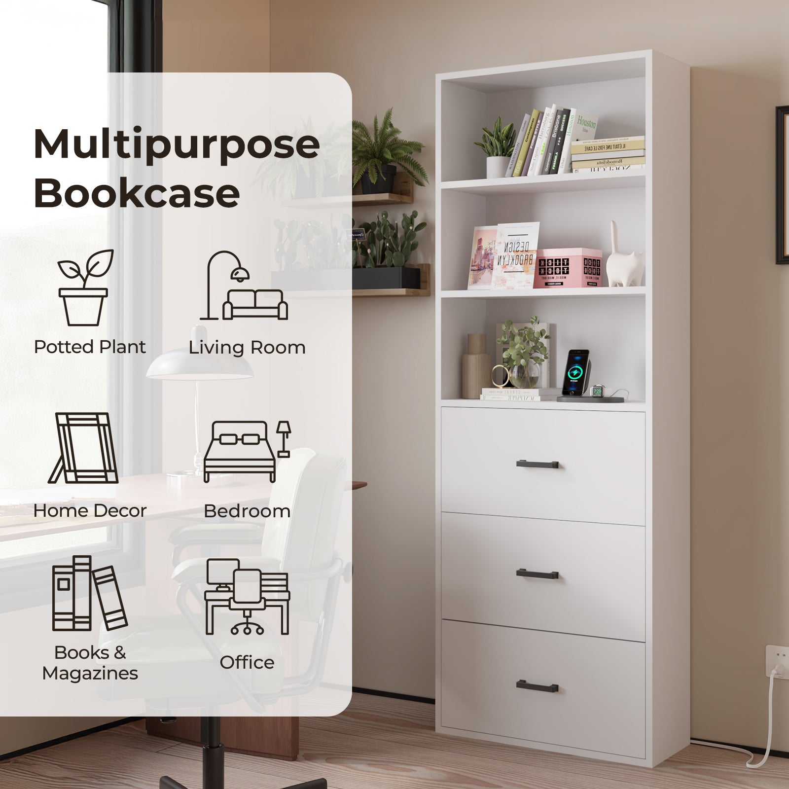 HAOYYE  3-Layer Display Cabinet with 2 USB Ports and 2 Plugs, US Standard, 3 Drawers, Triamine Board, White Soft Cozy Warm Flannel Fleece Home Decor, Luxury Comfortable Unique Design, Premium Quality Storage Solution for Bedroom and Living Room