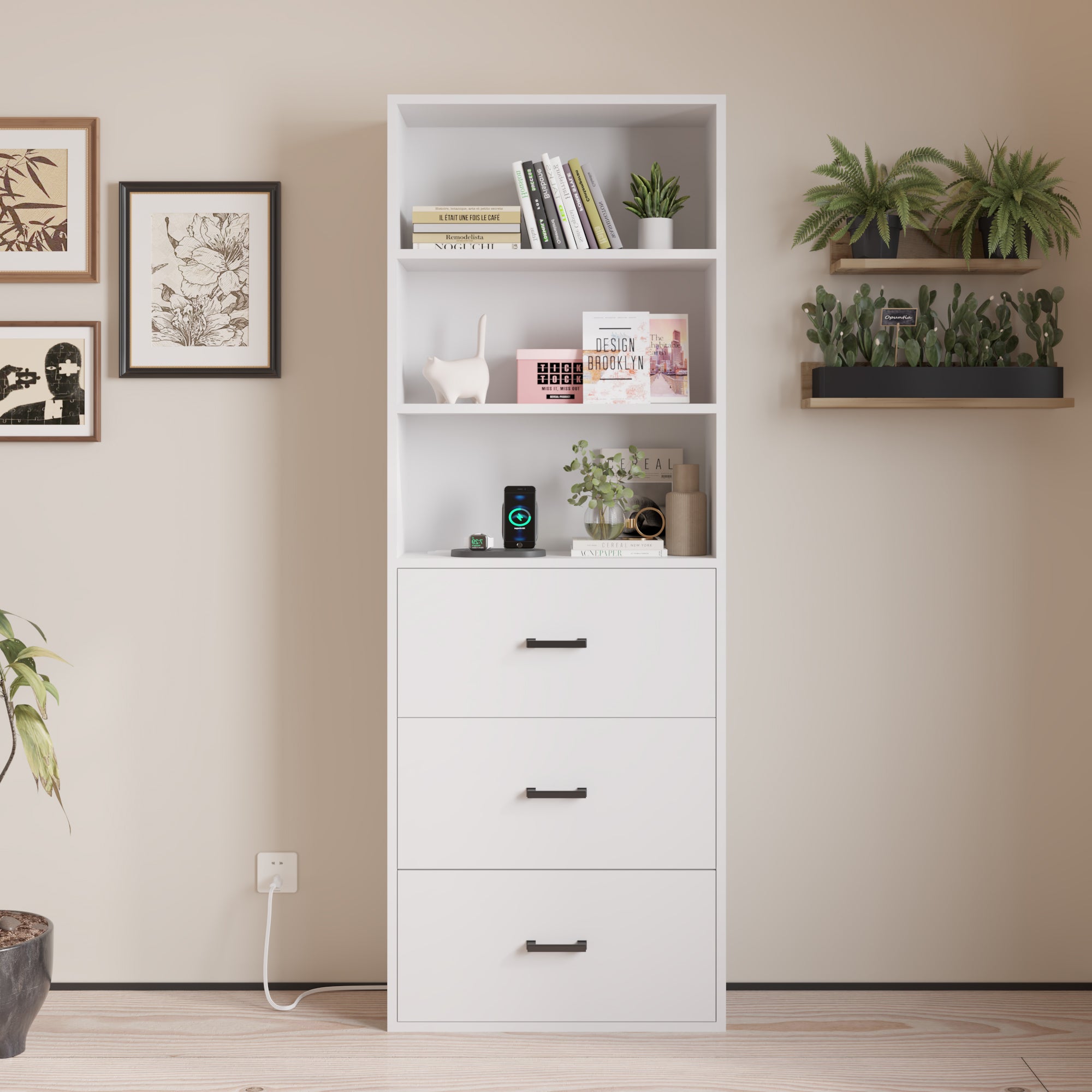 HAOYYE  3-Layer Display Cabinet with 2 USB Ports and 2 Plugs, US Standard, 3 Drawers, Triamine Board, White Soft Cozy Warm Flannel Fleece Home Decor, Luxury Comfortable Unique Design, Premium Quality Storage Solution for Bedroom and Living Room