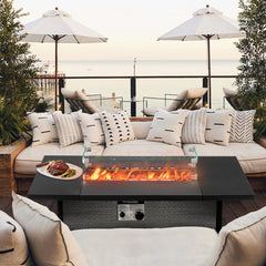 HAOYYE 43 Inch Outdoor Fire Table Square Propane Fire Pit Table With Lava Rocks Wind Guard And Waterproof Cover For Patio Garden Backyard Poolside