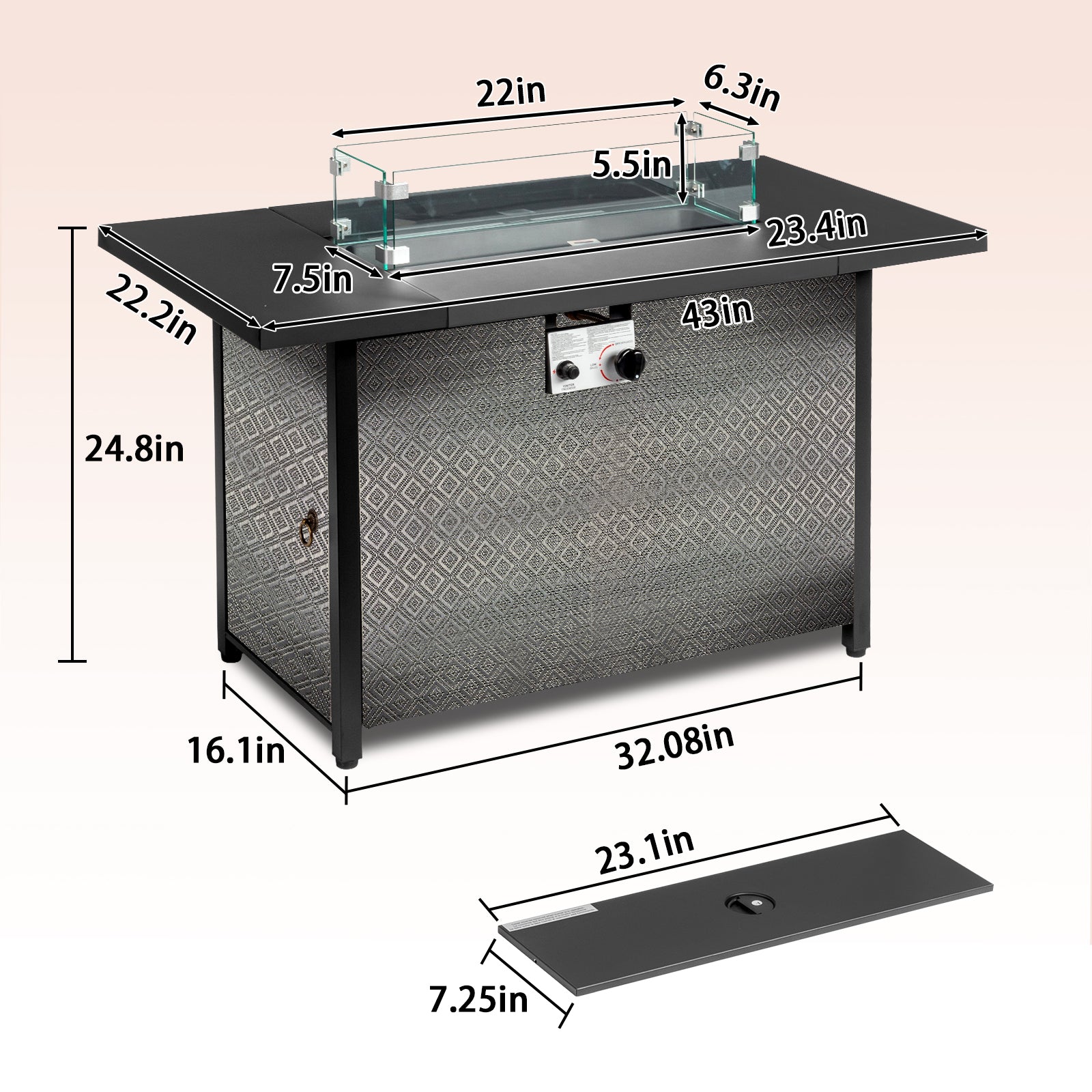 HAOYYE 43 Inch Outdoor Fire Table Square Propane Fire Pit Table With Lava Rocks Wind Guard And Waterproof Cover For Patio Garden Backyard Poolside