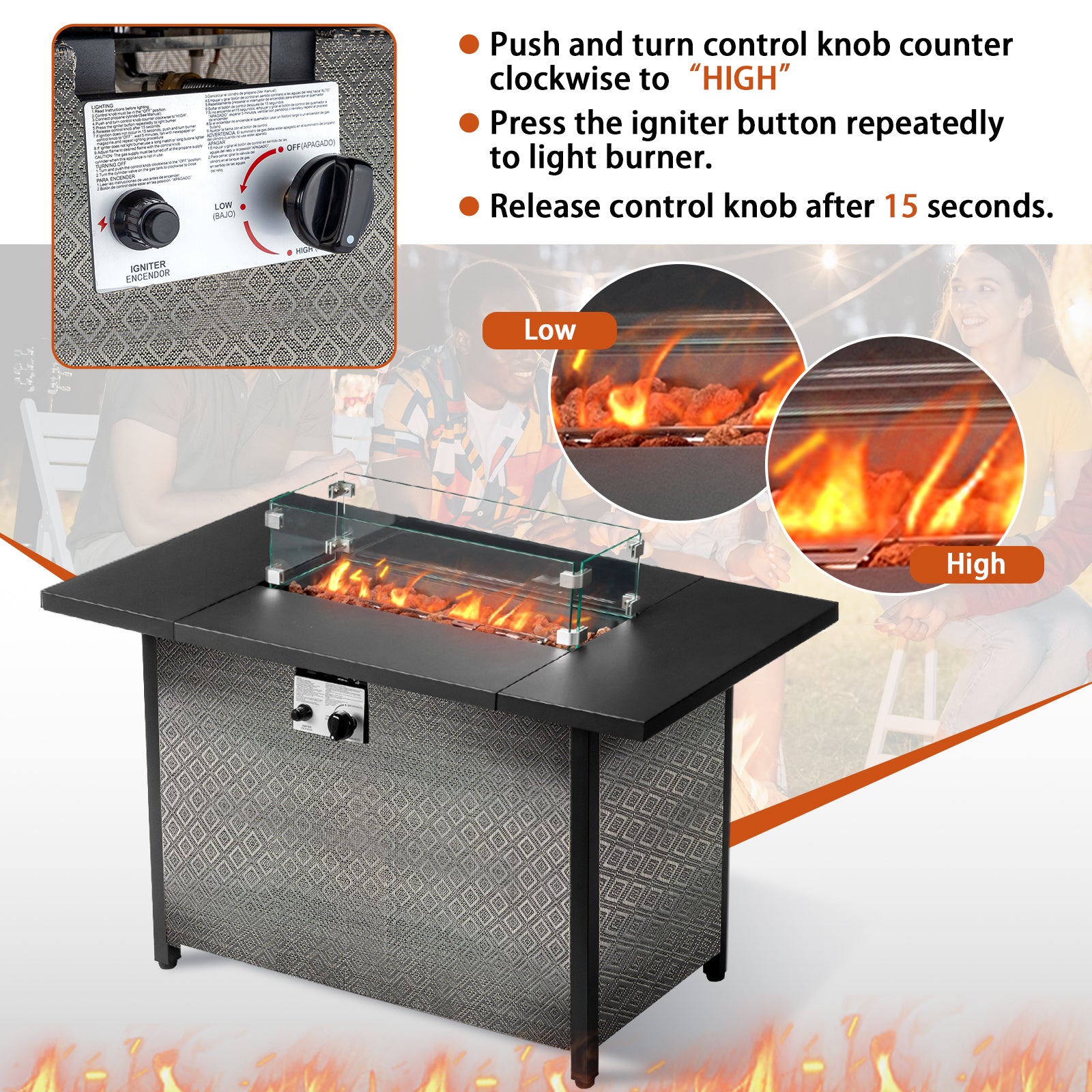 HAOYYE 43 Inch Outdoor Fire Table Square Propane Fire Pit Table With Lava Rocks Wind Guard And Waterproof Cover For Patio Garden Backyard Poolside