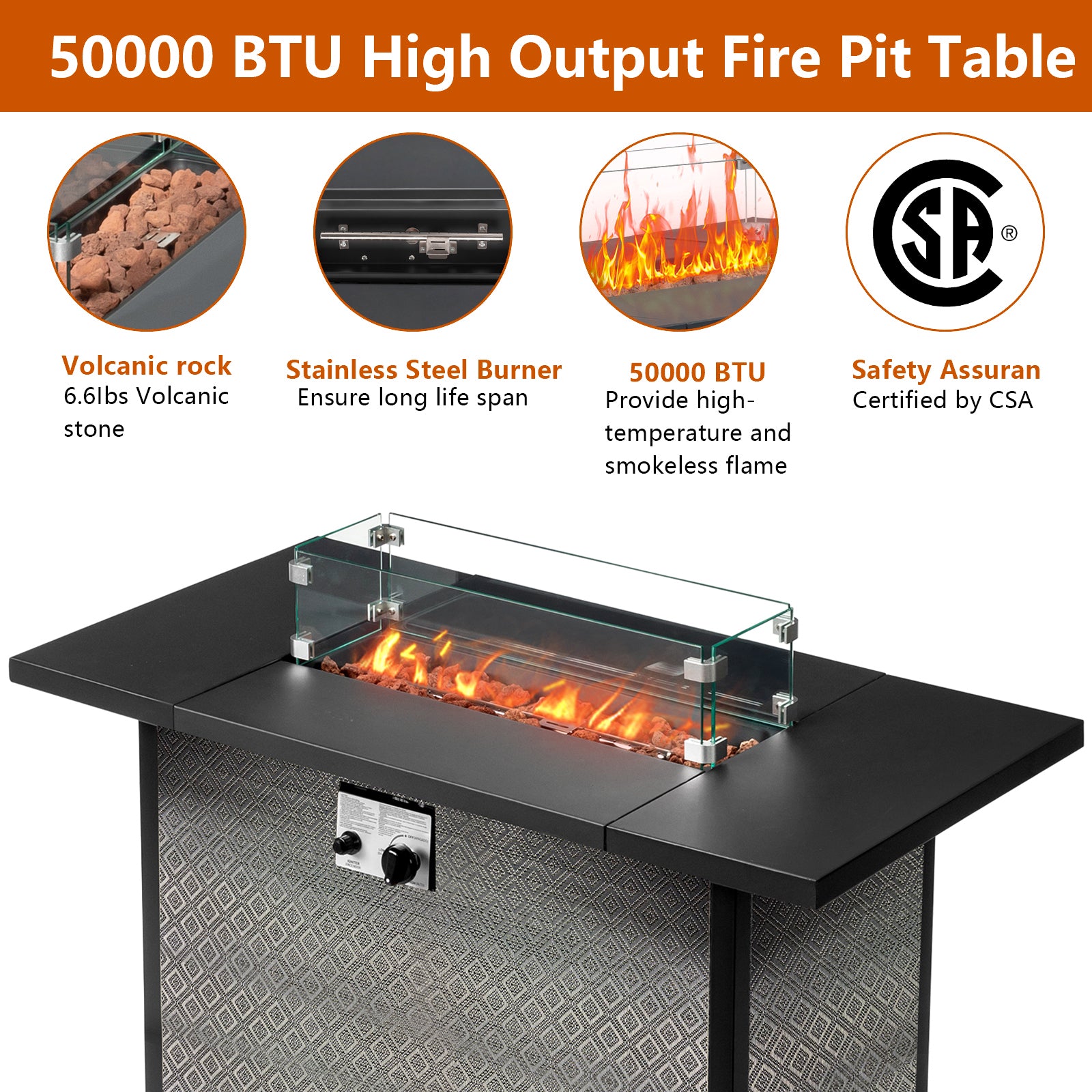 HAOYYE 43 Inch Outdoor Fire Table Square Propane Fire Pit Table With Lava Rocks Wind Guard And Waterproof Cover For Patio Garden Backyard Poolside