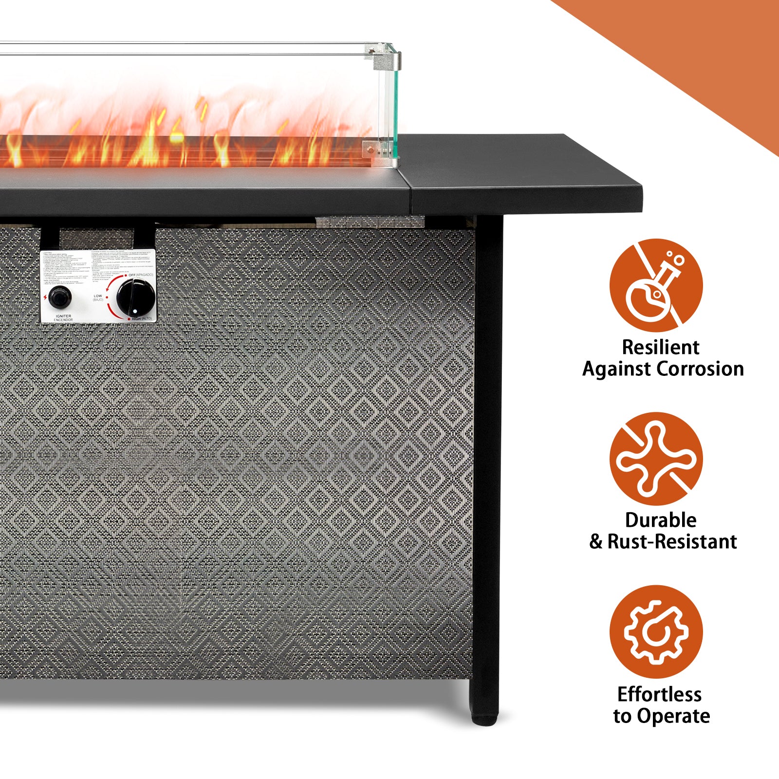 HAOYYE 43 Inch Outdoor Fire Table Square Propane Fire Pit Table With Lava Rocks Wind Guard And Waterproof Cover For Patio Garden Backyard Poolside