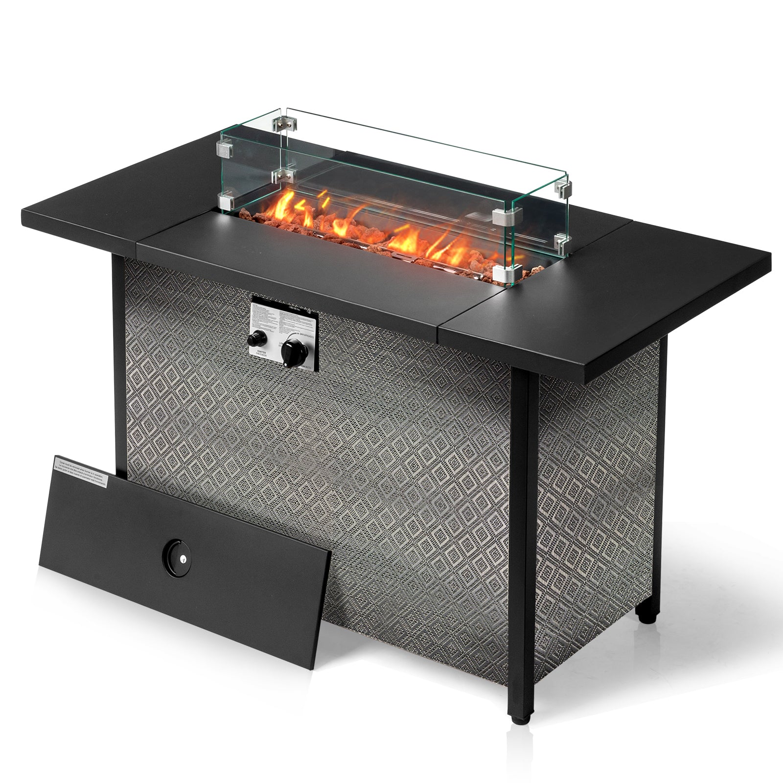 HAOYYE 43 Inch Outdoor Fire Table Square Propane Fire Pit Table With Lava Rocks Wind Guard And Waterproof Cover For Patio Garden Backyard Poolside
