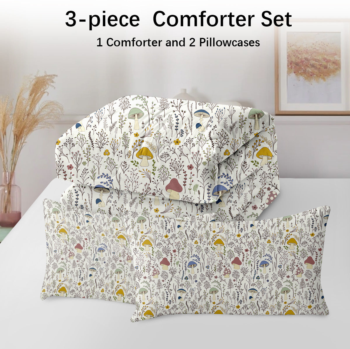 HAOYYE Mushroom Pattern Duvet Cover Set, Cozy Bedding Set With Zipper Closure, Soft Flannel Fleece Fabric For Bedroom Decor, Includes 2 Pillowcases, All-Season Comfort For Home Use