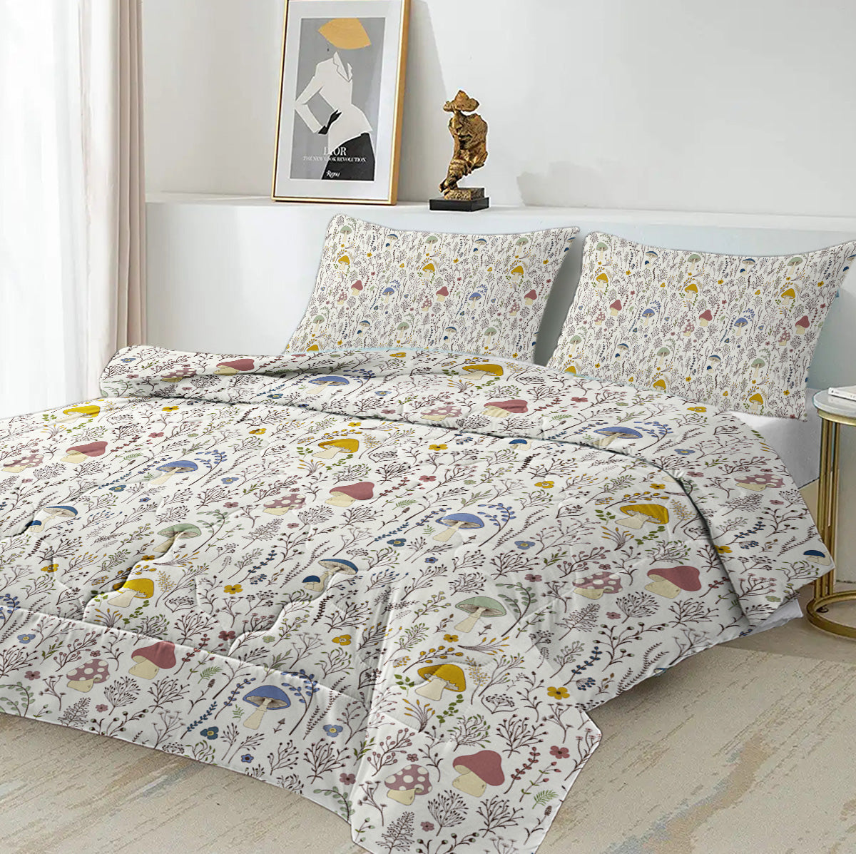 HAOYYE Mushroom Pattern Duvet Cover Set, Cozy Bedding Set With Zipper Closure, Soft Flannel Fleece Fabric For Bedroom Decor, Includes 2 Pillowcases, All-Season Comfort For Home Use