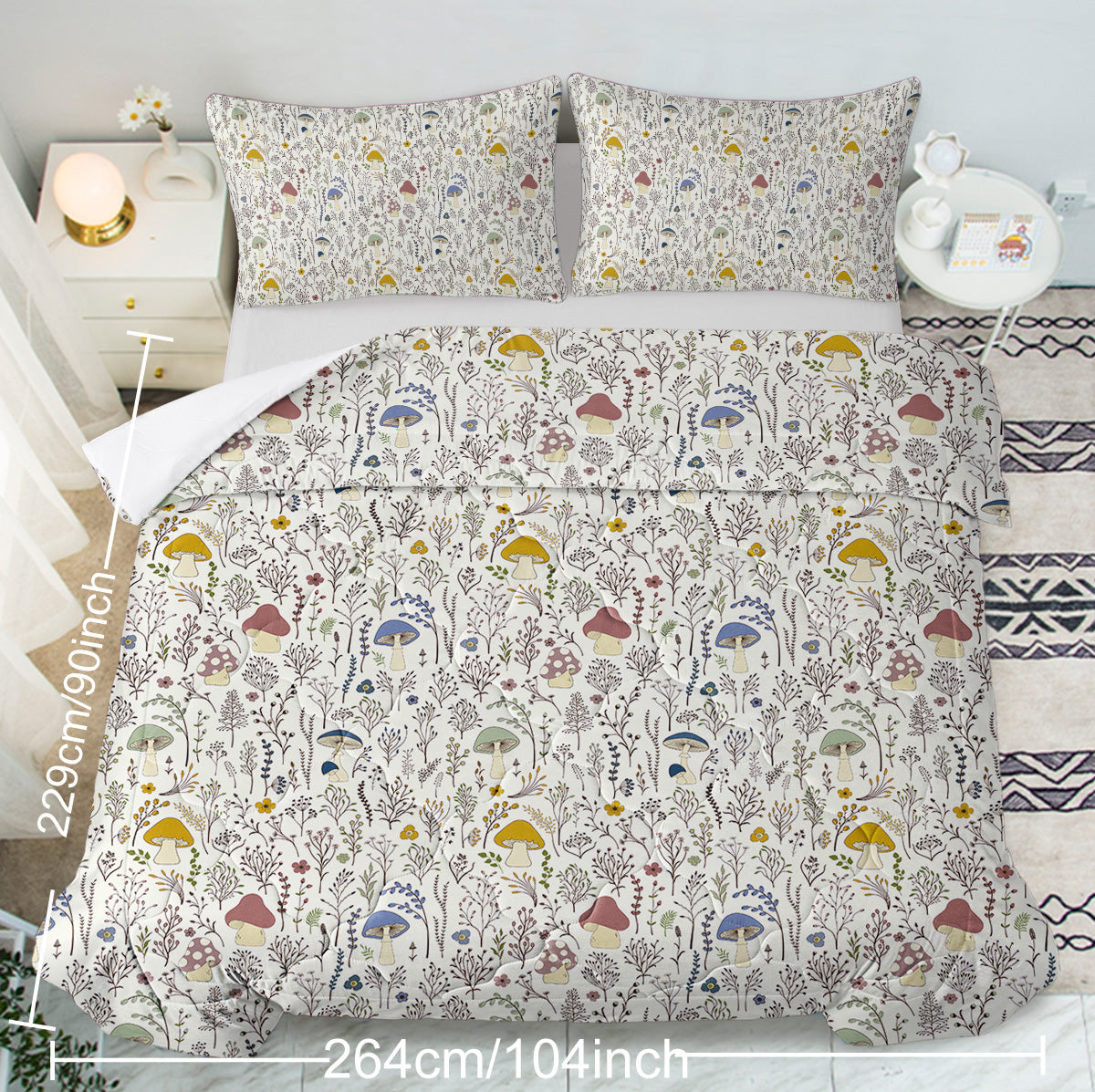 HAOYYE Mushroom Pattern Duvet Cover Set, Cozy Bedding Set With Zipper Closure, Soft Flannel Fleece Fabric For Bedroom Decor, Includes 2 Pillowcases, All-Season Comfort For Home Use