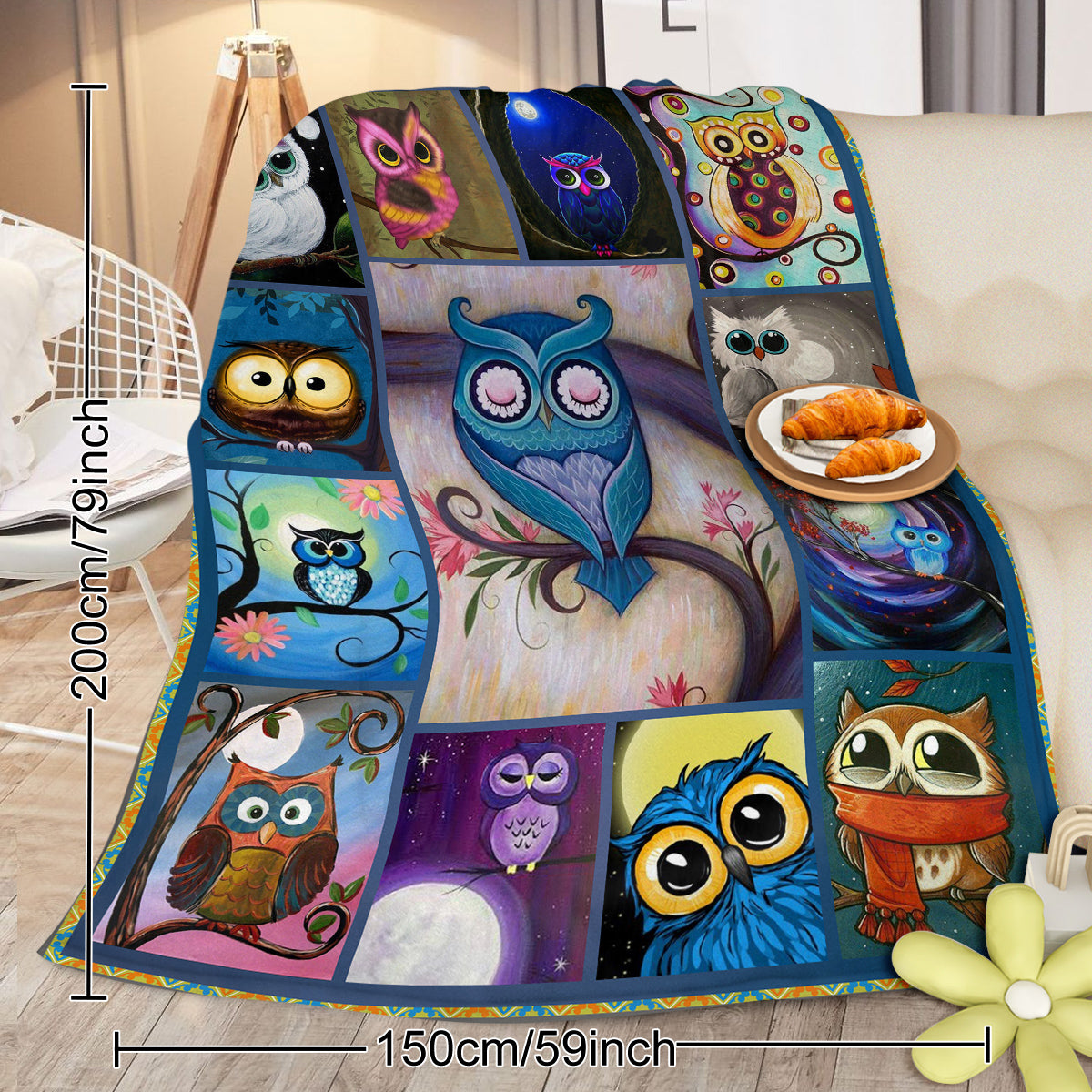 HAOYYE Moon Owl Fleece Blanket, Soft Plush Throw Blanket with Adorable Night Owl Design, Cozy and Warm Flannel Blanket for Owl Lovers, Cute and Comfortable Home Décor Accessory.