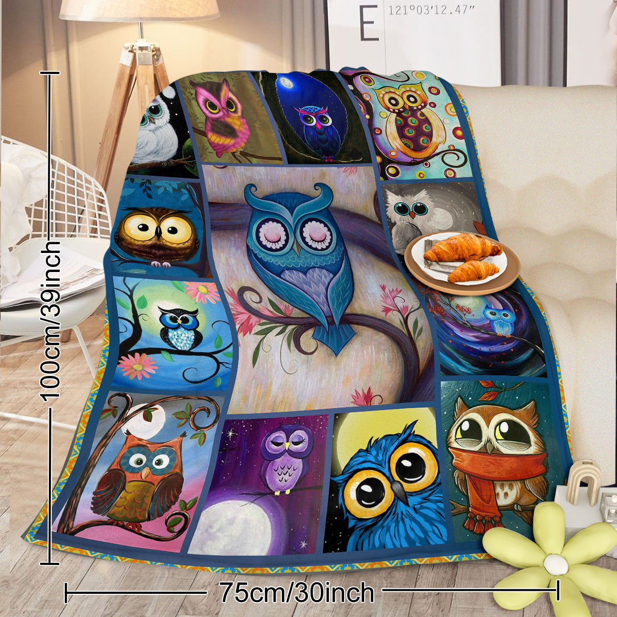 HAOYYE Moon Owl Fleece Blanket, Soft Plush Throw Blanket with Adorable Night Owl Design, Cozy and Warm Flannel Blanket for Owl Lovers, Cute and Comfortable Home Décor Accessory.