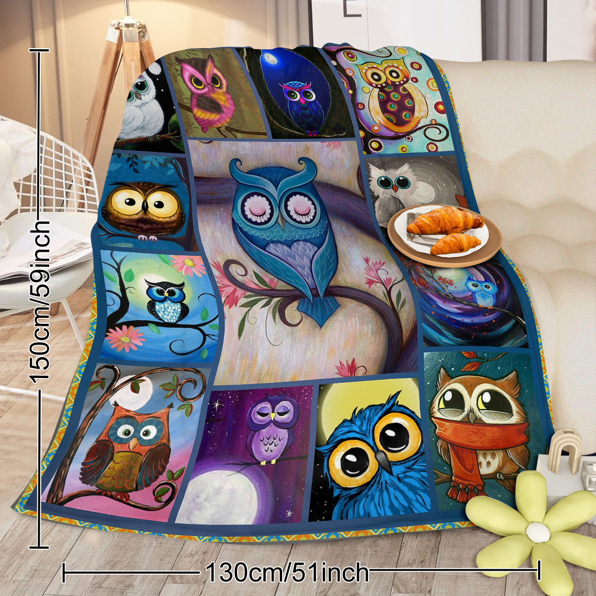 HAOYYE Moon Owl Fleece Blanket, Soft Plush Throw Blanket with Adorable Night Owl Design, Cozy and Warm Flannel Blanket for Owl Lovers, Cute and Comfortable Home Décor Accessory.