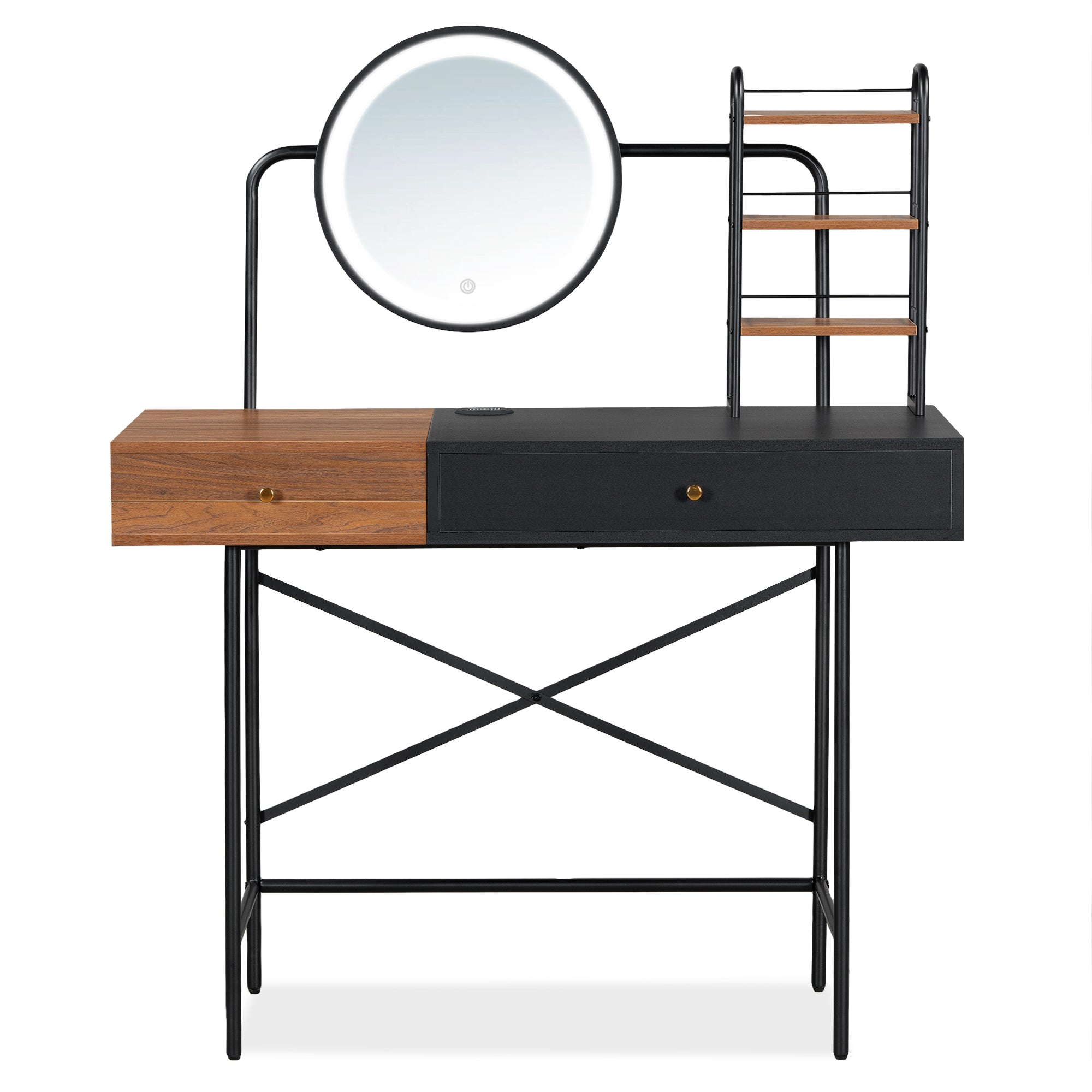 HAOYYE 40" Makeup Vanity Desk with 3-Mode Lighted Mirror & Wireless Charging Station , Vanity Table with Drawer & 3 Open Shelves for Ample Storage Space, Dressing Table for Bedroom, Black(No stool included)