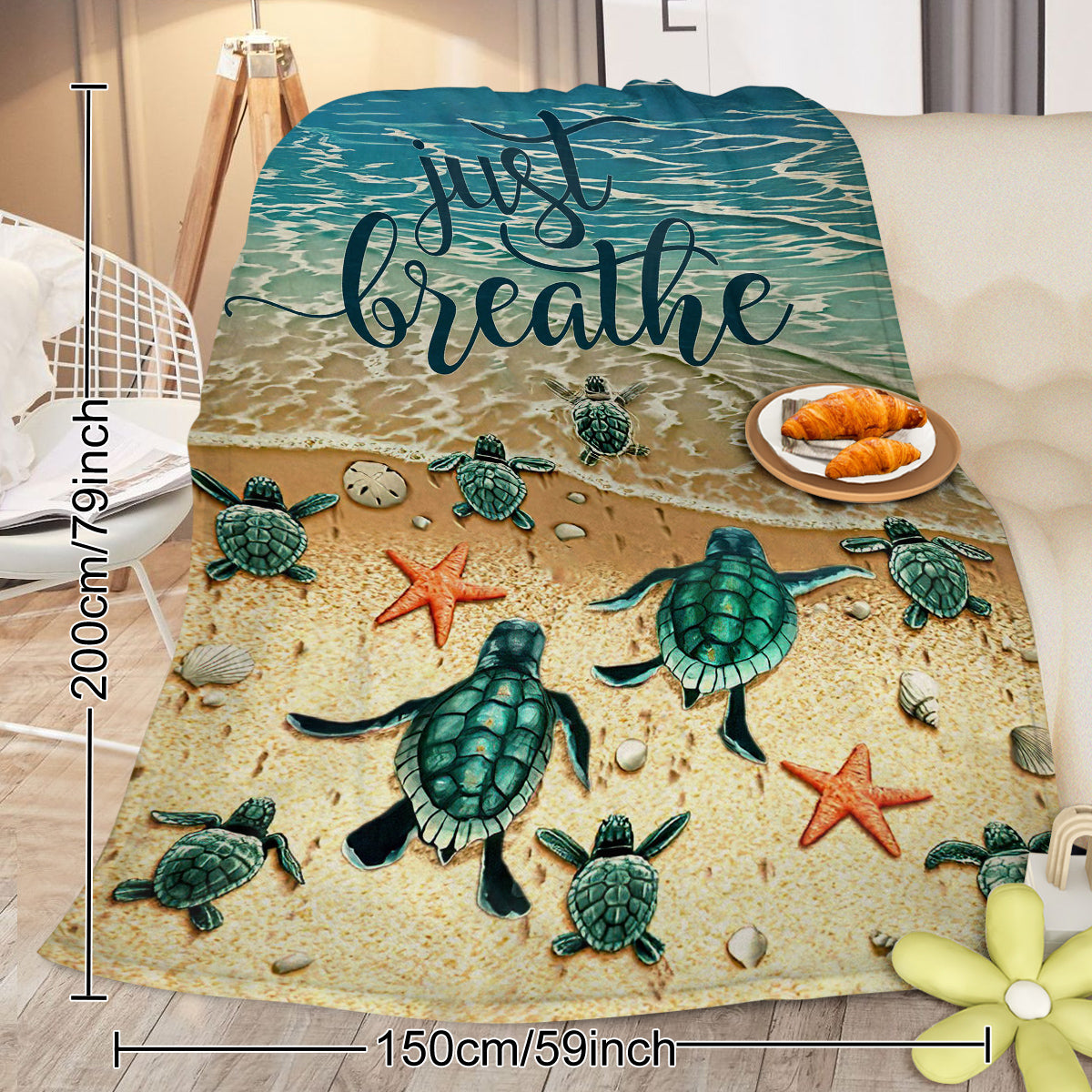 HAOYYE Tropical Baby Sea Turtle Flannel Fleece Blanket, Soft Plush Throw with 3D Ocean Waves Design, Cozy Blanket for Bed, Chair, Car, Sofa, and Couch, Warm and Comfortable for Bedroom and Living Room Use