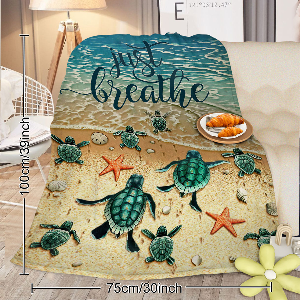 HAOYYE Tropical Baby Sea Turtle Flannel Fleece Blanket, Soft Plush Throw with 3D Ocean Waves Design, Cozy Blanket for Bed, Chair, Car, Sofa, and Couch, Warm and Comfortable for Bedroom and Living Room Use