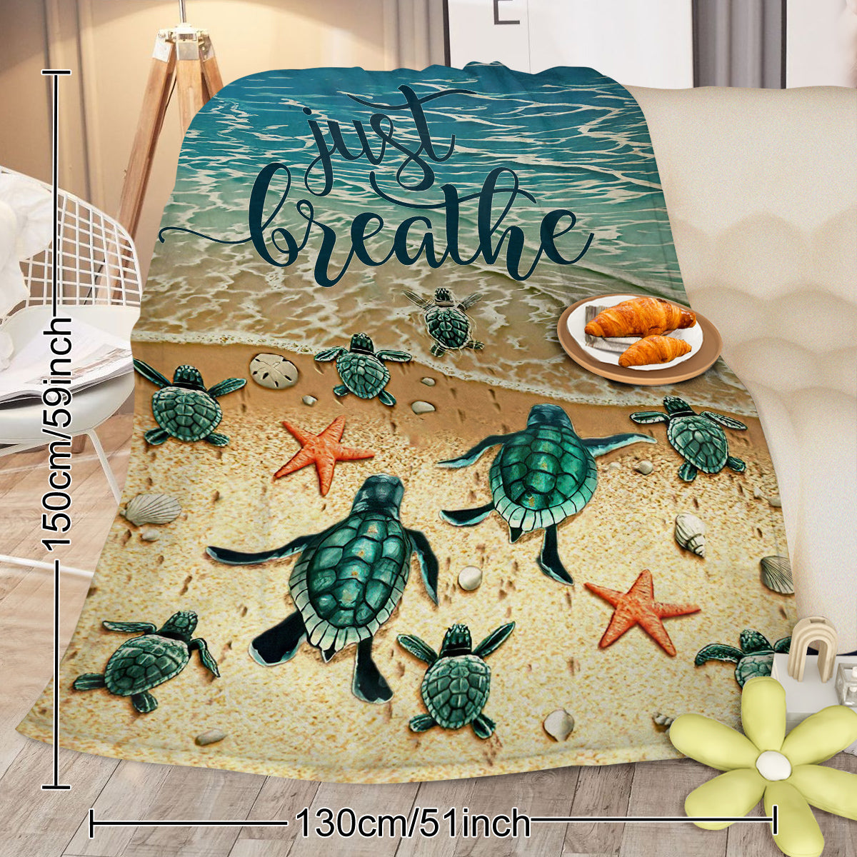 HAOYYE Tropical Baby Sea Turtle Flannel Fleece Blanket, Soft Plush Throw with 3D Ocean Waves Design, Cozy Blanket for Bed, Chair, Car, Sofa, and Couch, Warm and Comfortable for Bedroom and Living Room Use