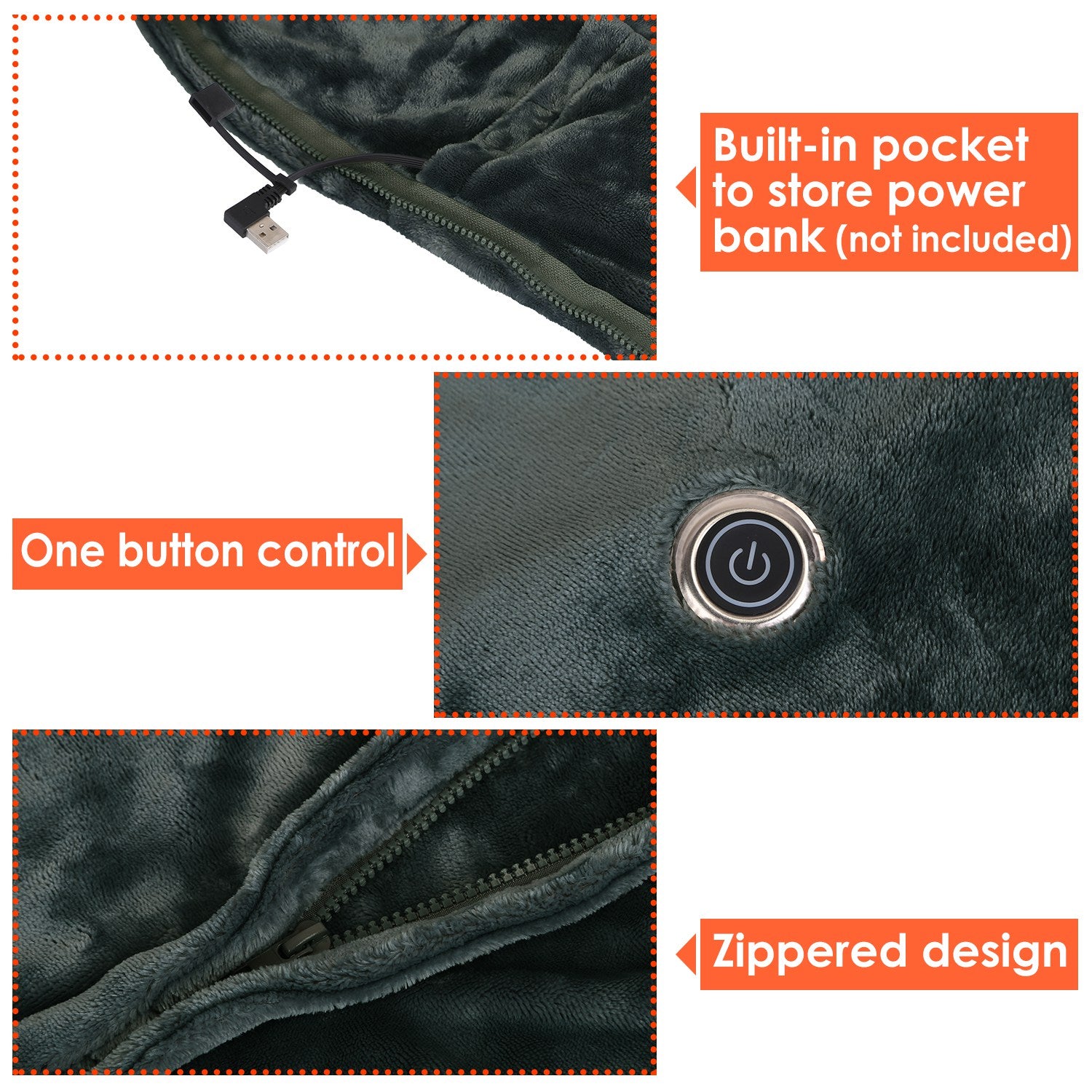 HAOYYE USB Electric Heated Blanket, Washable Heated Poncho Shawl Wrap with Zipper, Soft and Cozy Flannel Fleece Throw for Home and Office, Luxurious and Comfortable Design, Ideal for Relaxing and Staying Warm