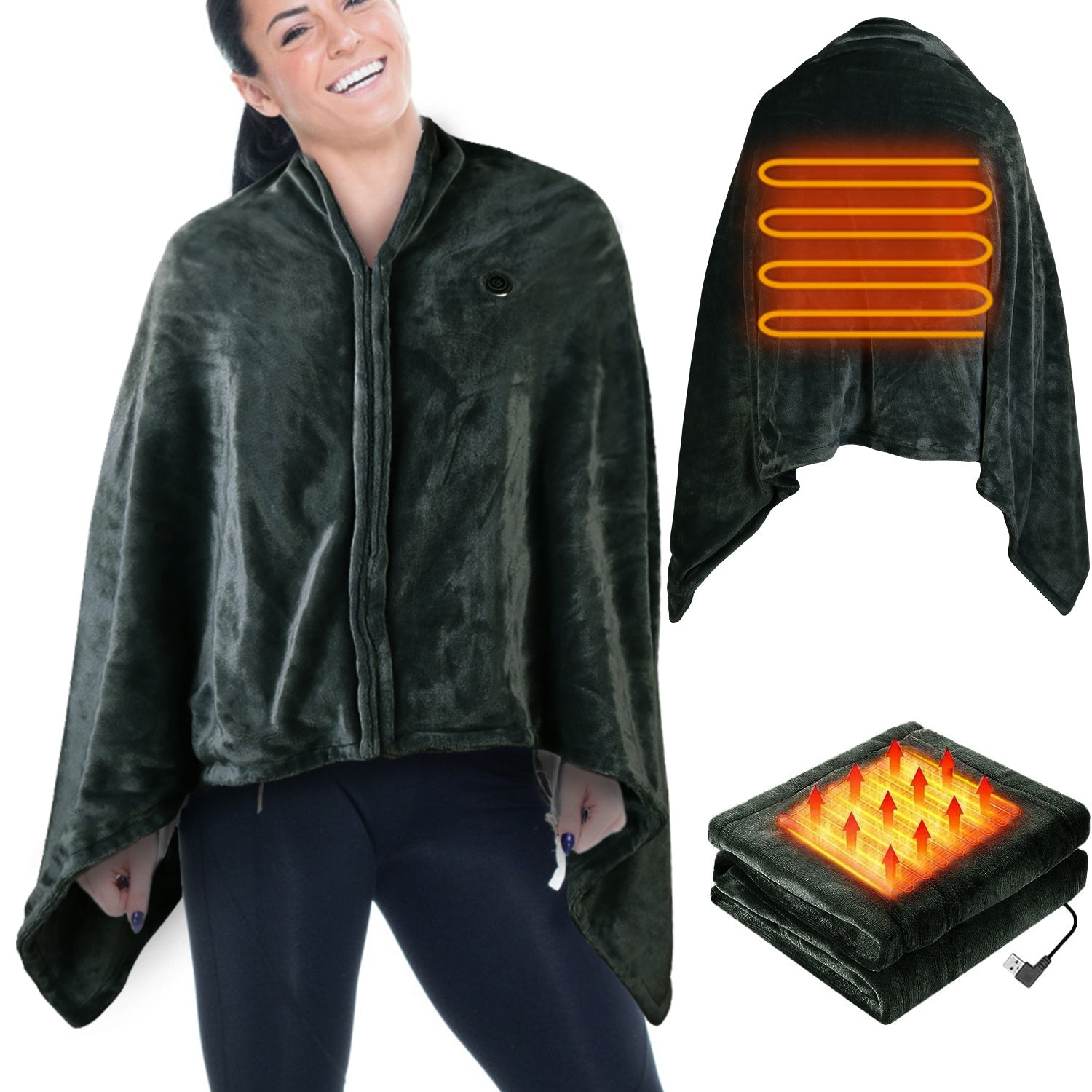 HAOYYE USB Electric Heated Blanket, Washable Heated Poncho Shawl Wrap with Zipper, Soft and Cozy Flannel Fleece Throw for Home and Office, Luxurious and Comfortable Design, Ideal for Relaxing and Staying Warm