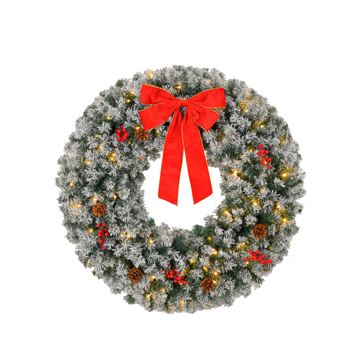 HAOYYE Pre-Lit Christmas Wreath with Remote Battery Powered Warm Lights Snow Flocked Artificial Xmas Wreath with 180 PVC Tips and Decorative Ornaments for Front Door Wall Gate Porch Holiday Party Décor