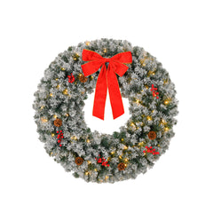 HAOYYE Pre-Lit Christmas Wreath with Remote Battery Powered Warm Lights Snow Flocked Artificial Xmas Wreath with 180 PVC Tips and Decorative Ornaments for Front Door Wall Gate Porch Holiday Party Décor