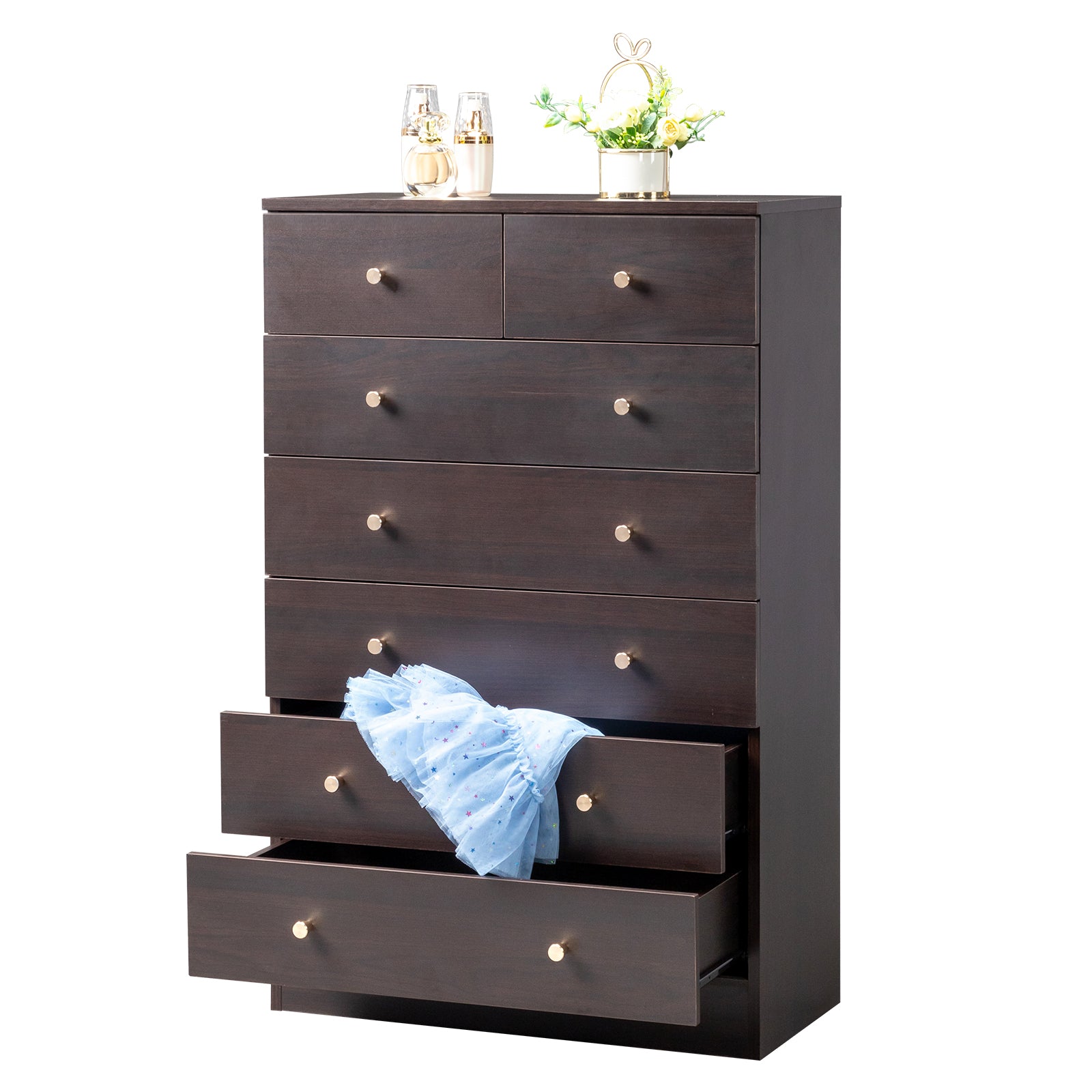 HAOYYE Modern Simple 7-Drawer Dresser Brown, Stylish Storage Chest for Bedroom, Living Room, and Family Room, Large Capacity Organizer, Space-Saving Furniture with 7 Drawers for Clothes, Accessories, and Personal Items