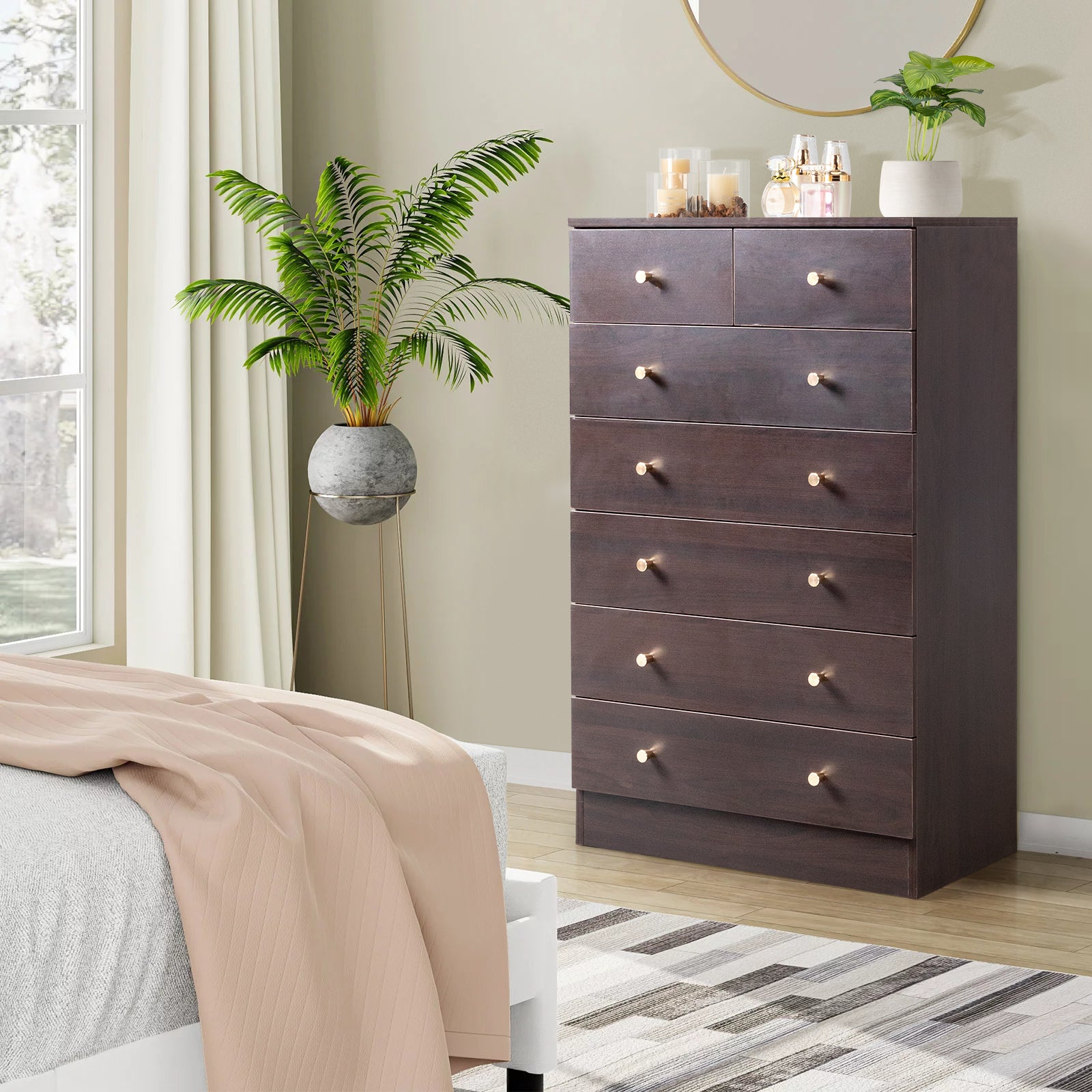 HAOYYE Modern Simple 7-Drawer Dresser Brown, Stylish Storage Chest for Bedroom, Living Room, and Family Room, Large Capacity Organizer, Space-Saving Furniture with 7 Drawers for Clothes, Accessories, and Personal Items