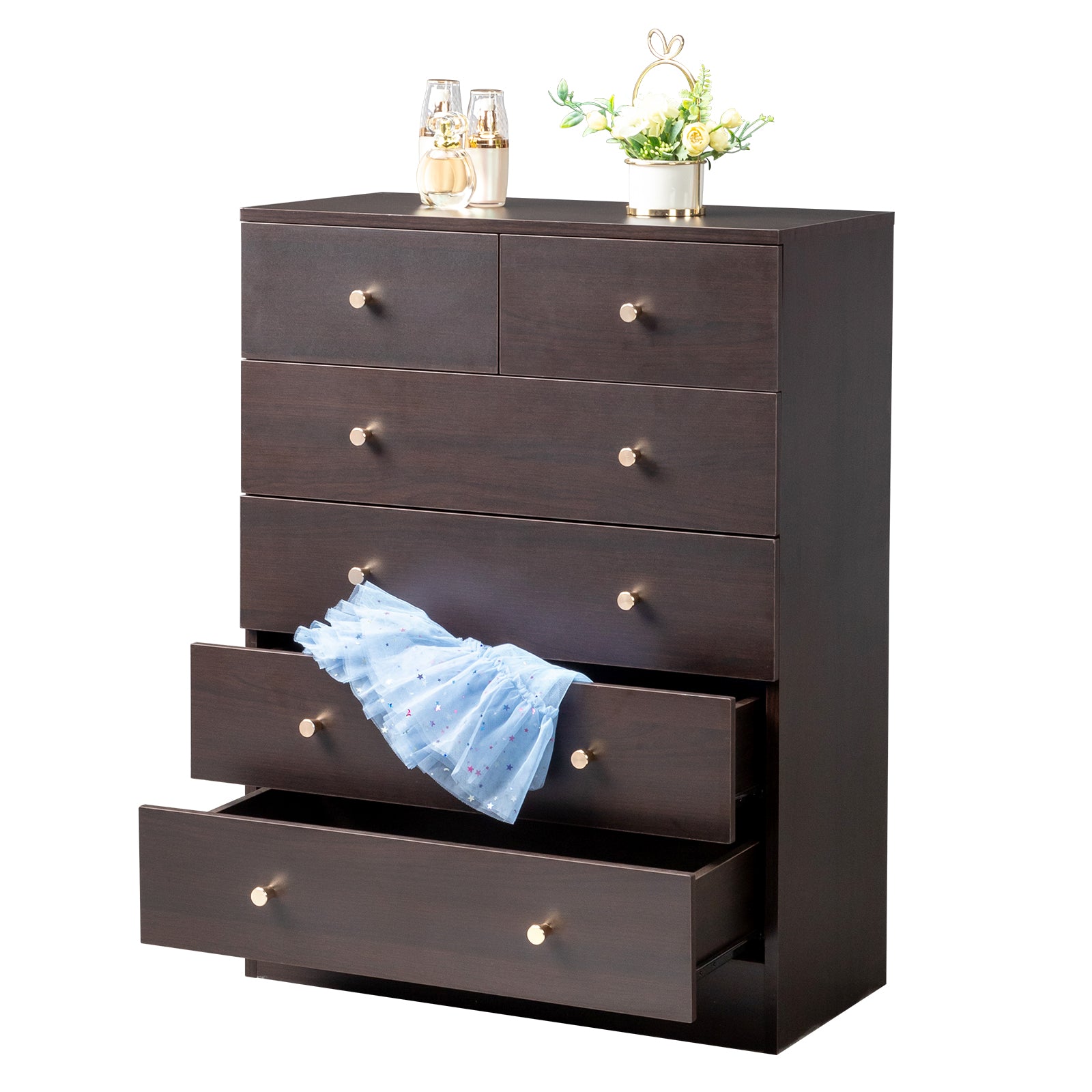 HAOYYE Modern Simple 6-Drawer Dresser in Brown, Stylish and Spacious Storage Cabinet for Bedroom, Living Room, or Family Room, Durable Non-Toxic P2 Grade Material, Sleek Design with Elegant