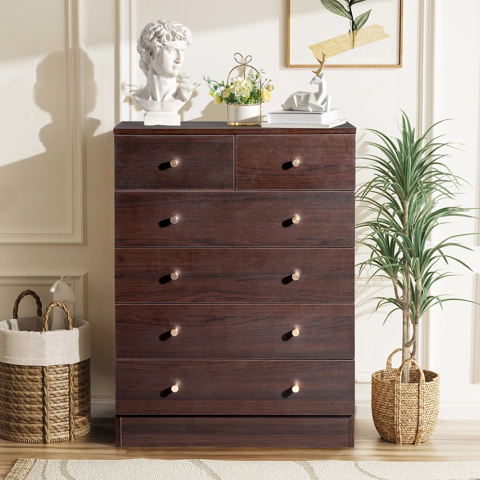 HAOYYE Modern Simple 6-Drawer Dresser in Brown, Stylish and Spacious Storage Cabinet for Bedroom, Living Room, or Family Room, Durable Non-Toxic P2 Grade Material, Sleek Design with Elegant