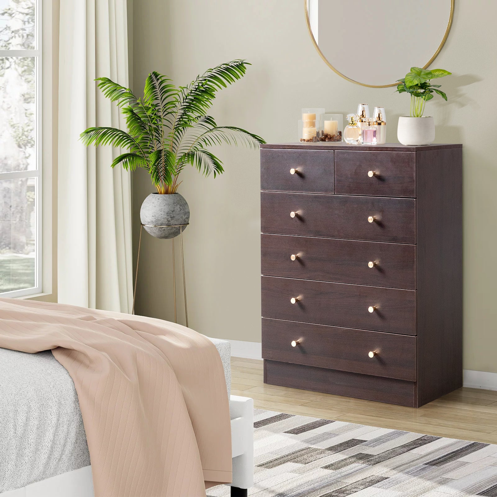 HAOYYE Modern Simple 6-Drawer Dresser in Brown, Stylish and Spacious Storage Cabinet for Bedroom, Living Room, or Family Room, Durable Non-Toxic P2 Grade Material, Sleek Design with Elegant