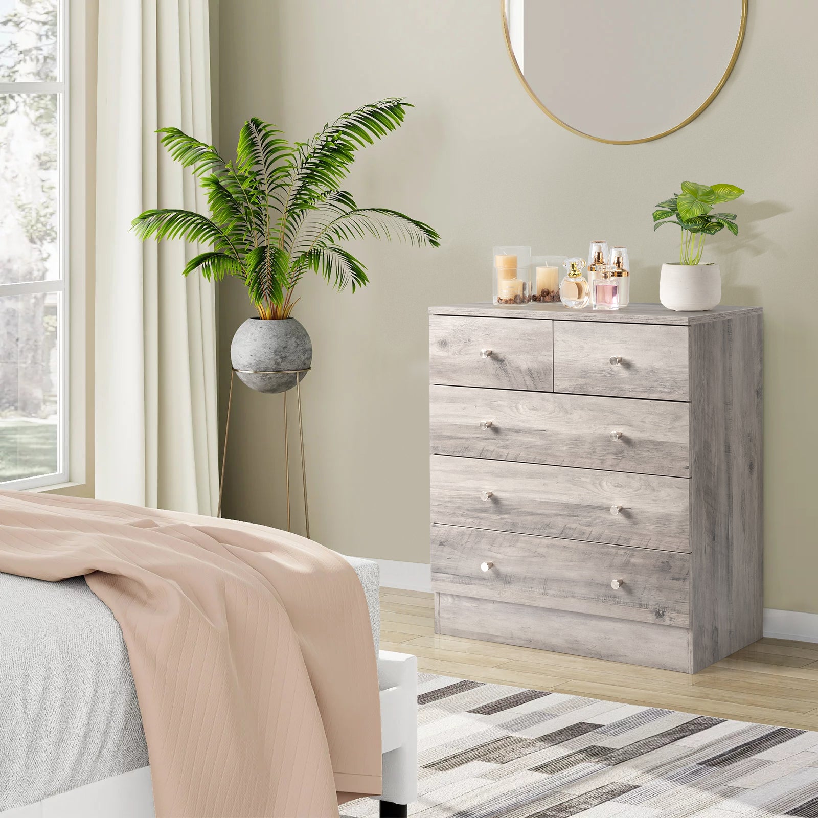 HAOYYE Modern 5-Drawer Dresser in Gray, Stylish Storage Cabinet with Sleek Design, Durable and Space-Saving Solution for Bedroom, Living Room, or Family Room, Perfect for Organizing Clothes, Accessories, and Household Essentials