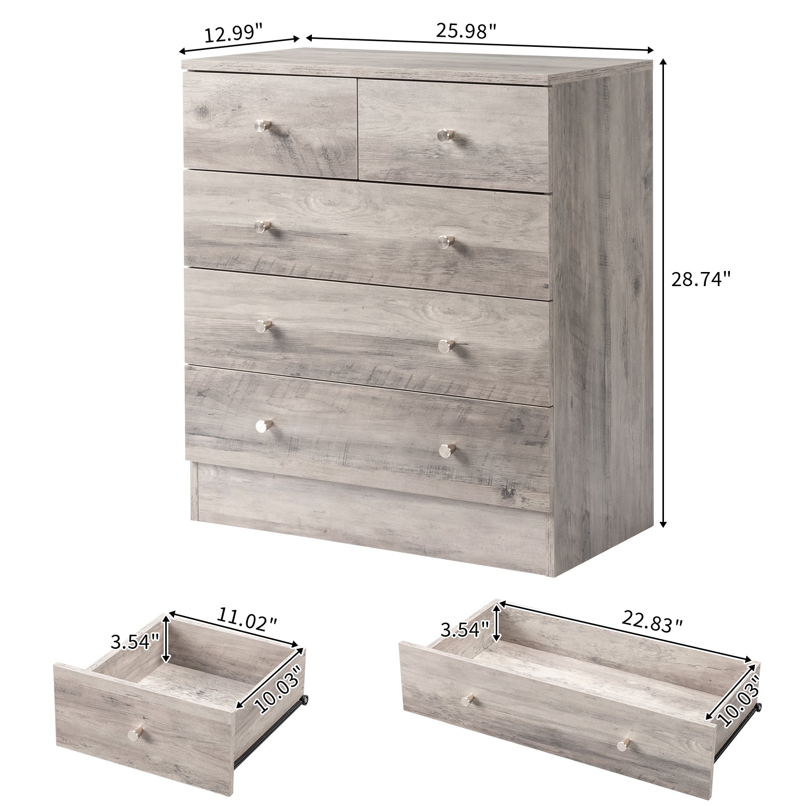 HAOYYE Modern 5-Drawer Dresser in Gray, Stylish Storage Cabinet with Sleek Design, Durable and Space-Saving Solution for Bedroom, Living Room, or Family Room, Perfect for Organizing Clothes, Accessories, and Household Essentials