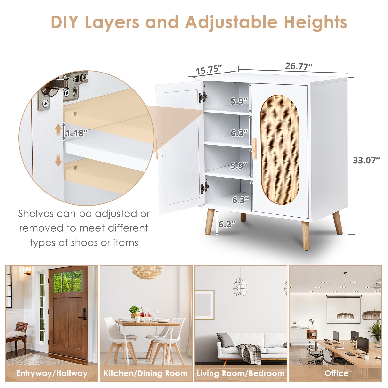 HAOYYE Modern 2 Door Vertical Shoe Cabinet with Rattan Accents Particle Board Frame White and Natural Finish with Gold High Legs Space-Saving Storage Organizer for Entryway Hallway Bedroom