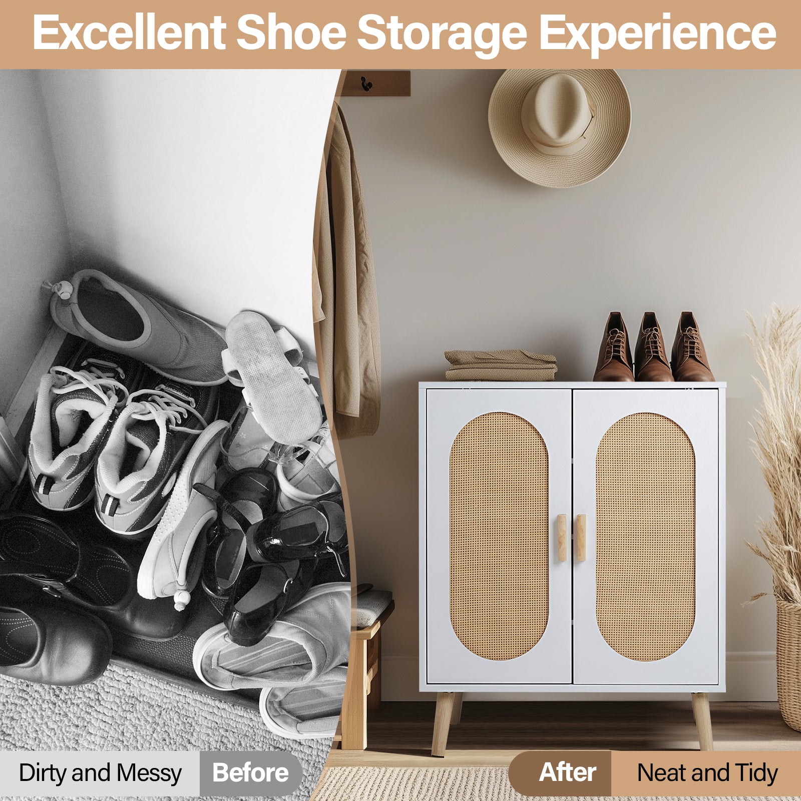 HAOYYE Modern 2 Door Vertical Shoe Cabinet with Rattan Accents Particle Board Frame White and Natural Finish with Gold High Legs Space-Saving Storage Organizer for Entryway Hallway Bedroom