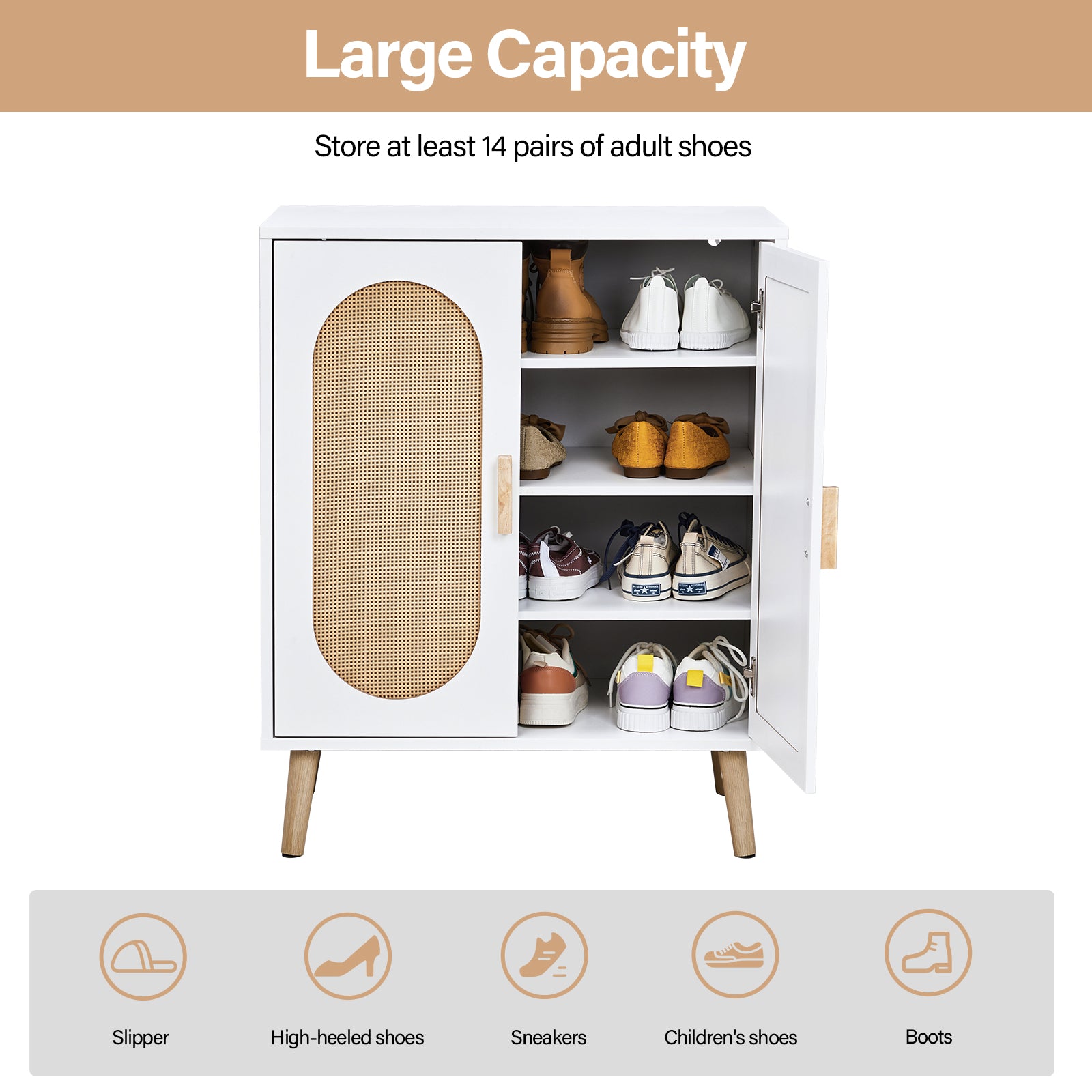 HAOYYE Modern 2 Door Vertical Shoe Cabinet with Rattan Accents Particle Board Frame White and Natural Finish with Gold High Legs Space-Saving Storage Organizer for Entryway Hallway Bedroom