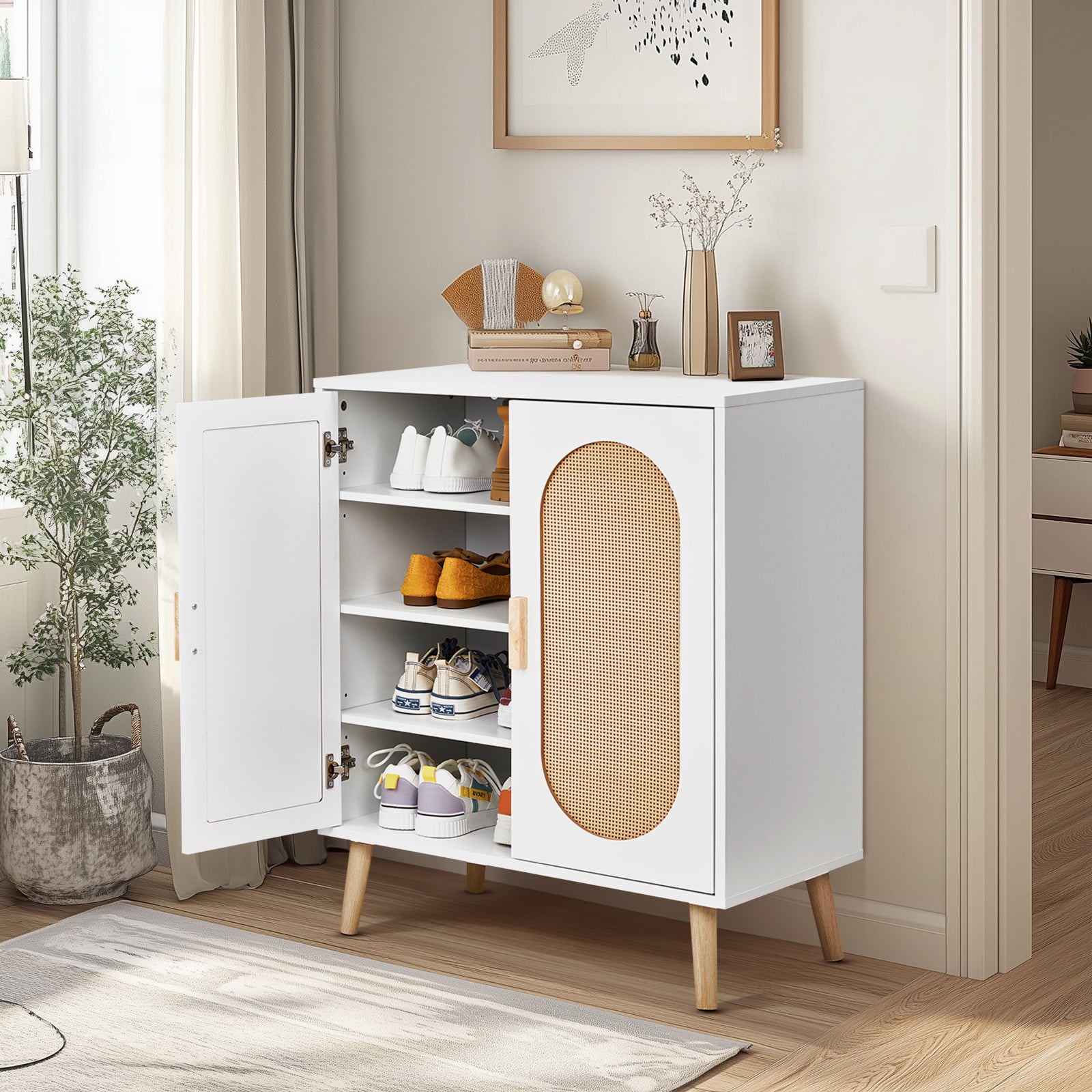 HAOYYE Modern 2 Door Vertical Shoe Cabinet with Rattan Accents Particle Board Frame White and Natural Finish with Gold High Legs Space-Saving Storage Organizer for Entryway Hallway Bedroom