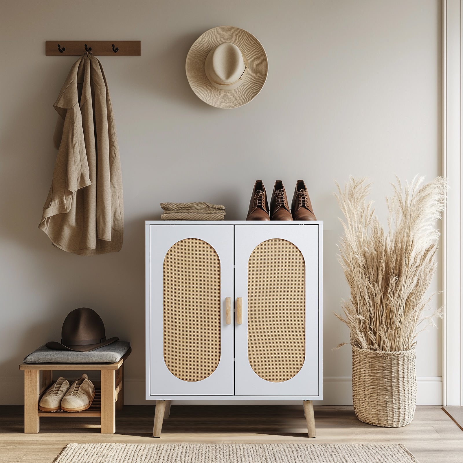 HAOYYE Modern 2 Door Vertical Shoe Cabinet with Rattan Accents Particle Board Frame White and Natural Finish with Gold High Legs Space-Saving Storage Organizer for Entryway Hallway Bedroom