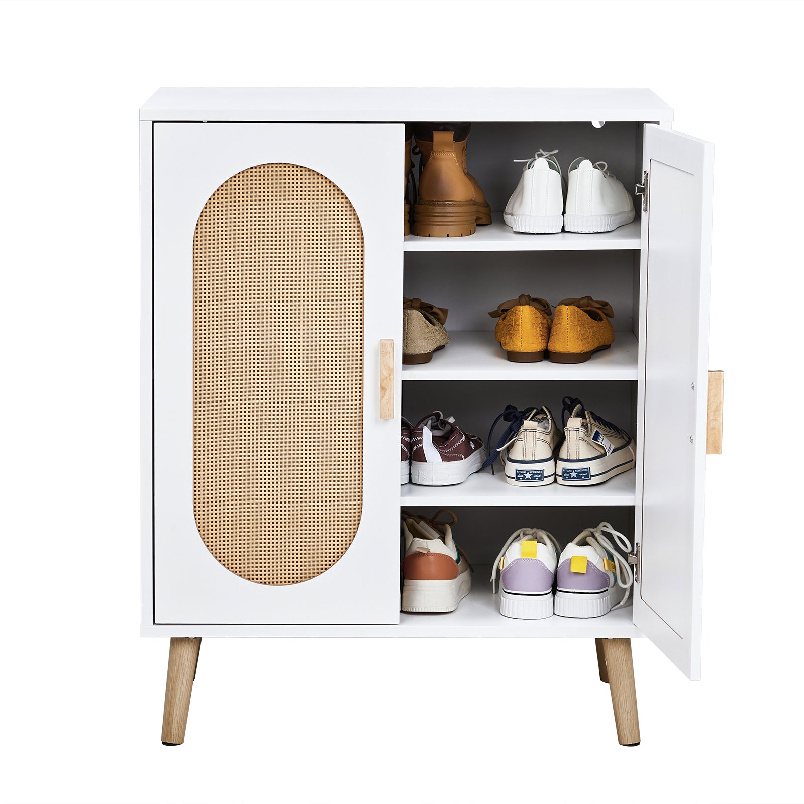 HAOYYE Modern 2 Door Vertical Shoe Cabinet with Rattan Accents Particle Board Frame White and Natural Finish with Gold High Legs Space-Saving Storage Organizer for Entryway Hallway Bedroom