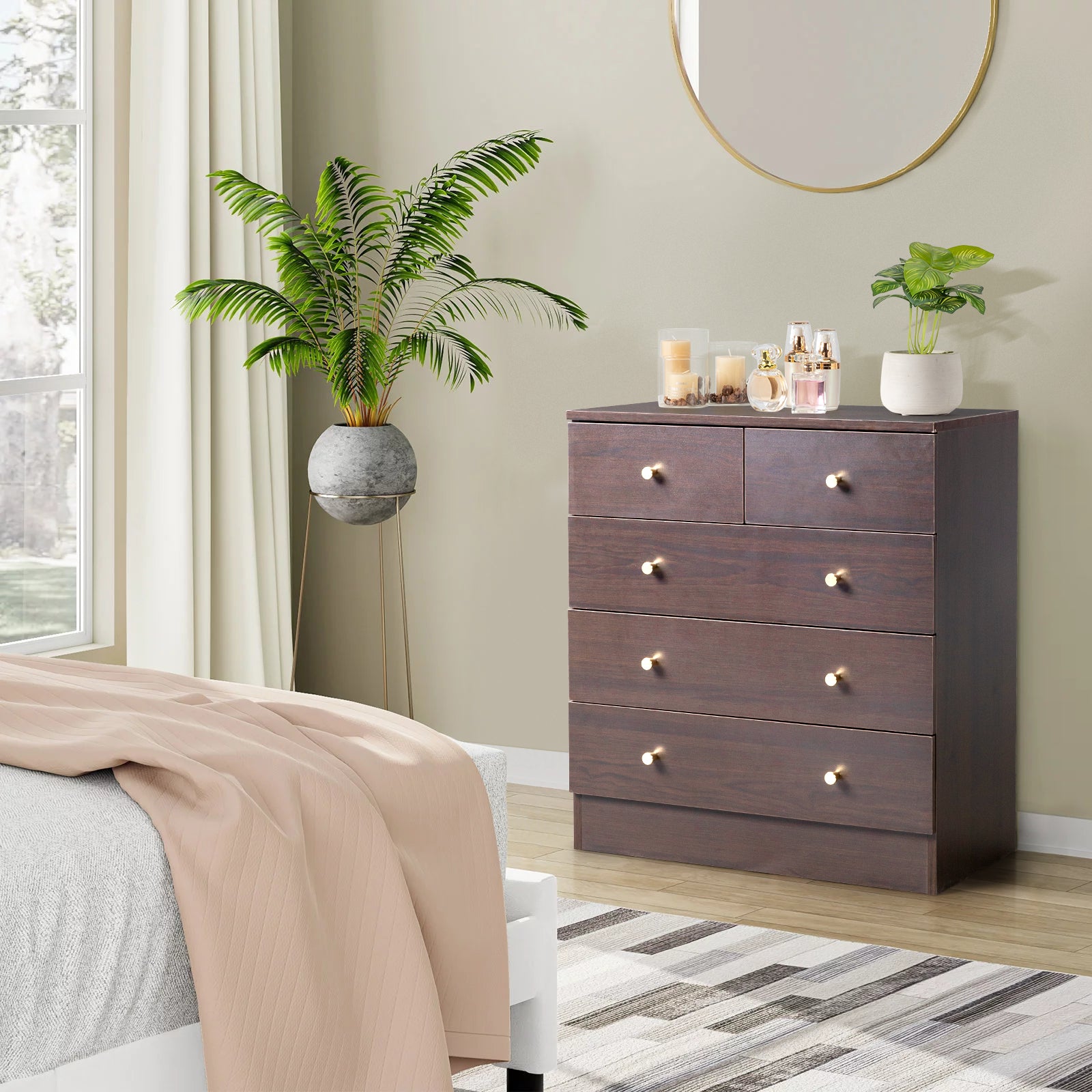 HAOYYE Modern Simple 5-Drawer Dresser in Brown - Stylish & Durable Storage Cabinet for Bedroom, Living Room, or Family Room - Elegant Design with Spacious Drawers for Organizing Clothes, Accessories
