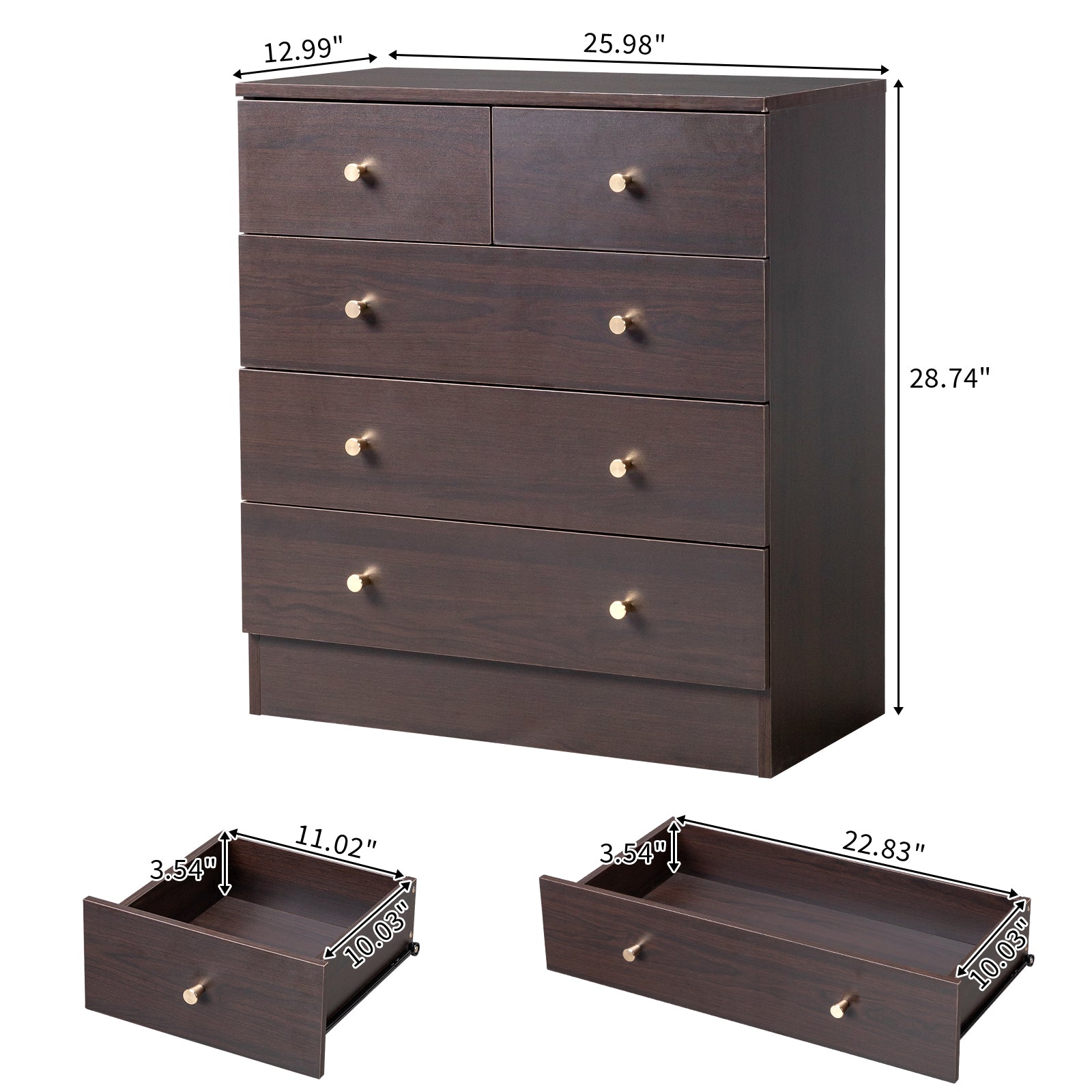 HAOYYE Modern Simple 5-Drawer Dresser in Brown - Stylish & Durable Storage Cabinet for Bedroom, Living Room, or Family Room - Elegant Design with Spacious Drawers for Organizing Clothes, Accessories