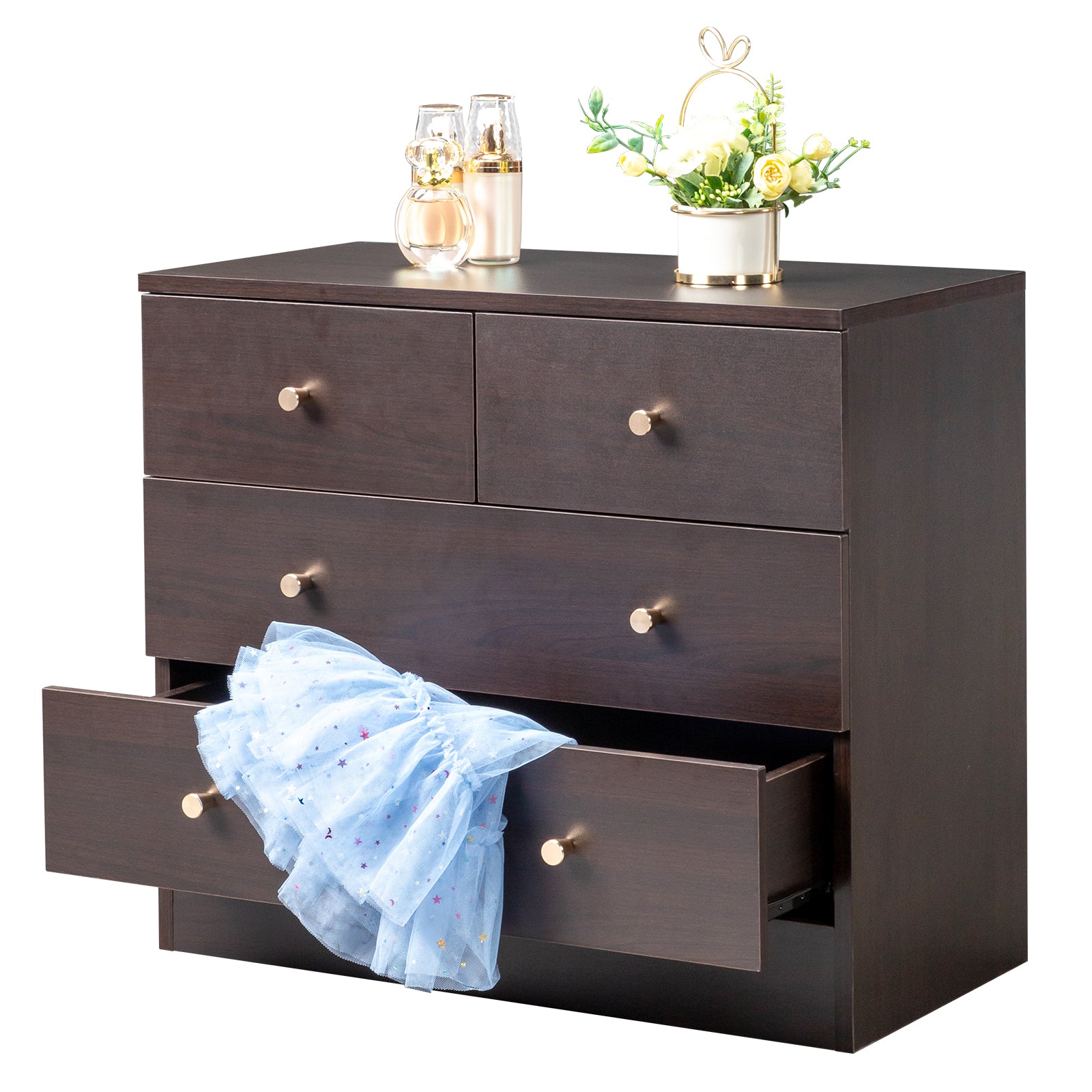HAOYYE Modern 4-Drawer Dresser & Nightstand, Brown Finish Storage Chest, Durable Particleboard Furniture for Bedroom, Living Room, Home Organizer, Space-Saving Multifunctional Modern Storage Solution, Elegant Style, Practical Home Décor