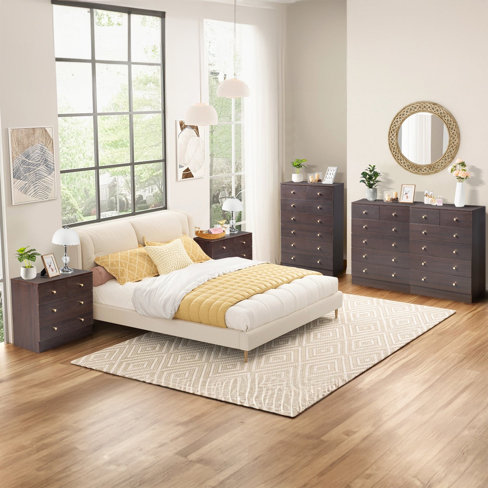 HAOYYE Modern 4-Drawer Dresser & Nightstand, Brown Finish Storage Chest, Durable Particleboard Furniture for Bedroom, Living Room, Home Organizer, Space-Saving Multifunctional Modern Storage Solution, Elegant Style, Practical Home Décor