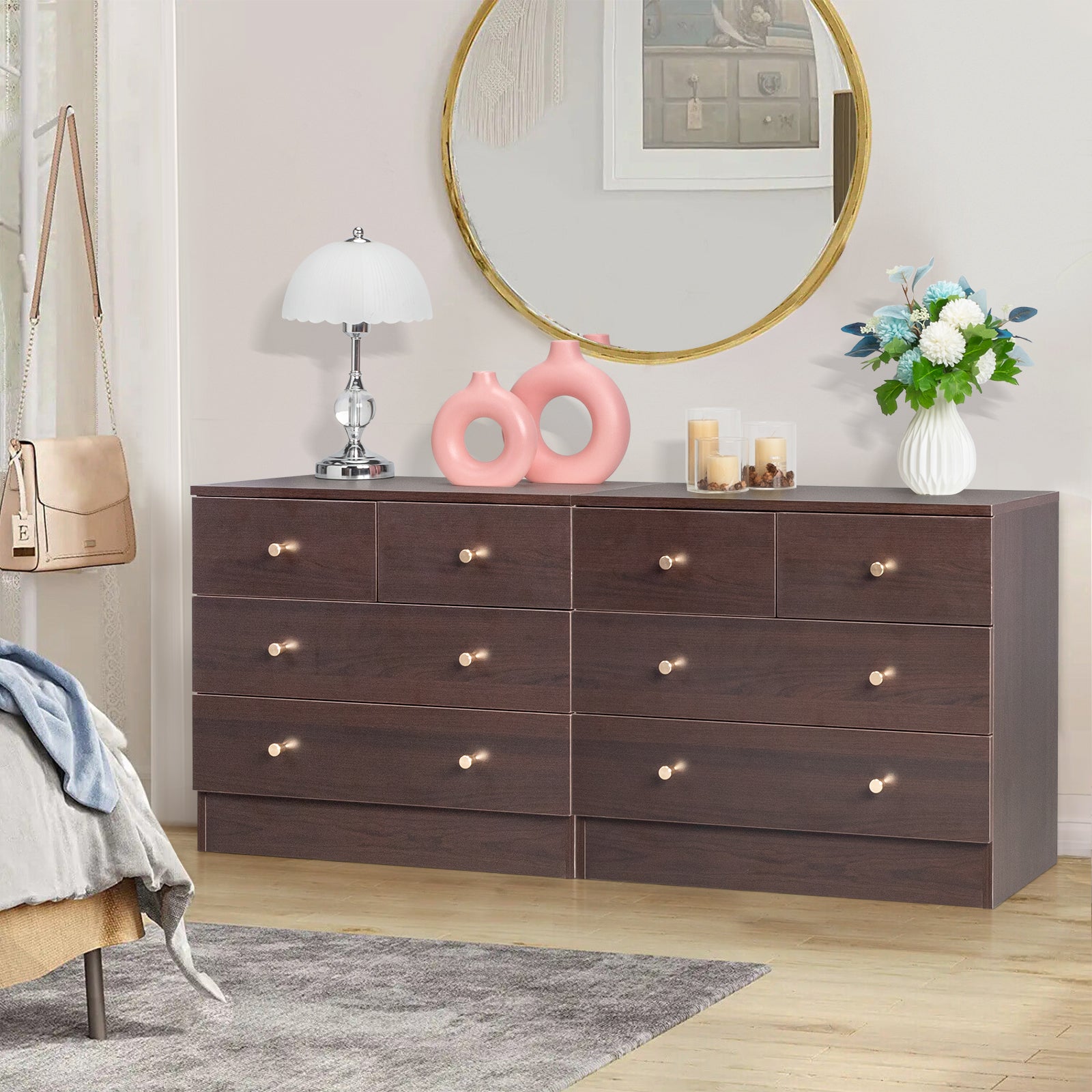 HAOYYE Modern 4-Drawer Dresser & Nightstand, Brown Finish Storage Chest, Durable Particleboard Furniture for Bedroom, Living Room, Home Organizer, Space-Saving Multifunctional Modern Storage Solution, Elegant Style, Practical Home Décor
