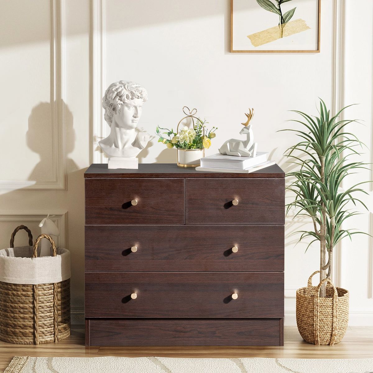 HAOYYE Modern 4-Drawer Dresser & Nightstand, Brown Finish Storage Chest, Durable Particleboard Furniture for Bedroom, Living Room, Home Organizer, Space-Saving Multifunctional Modern Storage Solution, Elegant Style, Practical Home Décor