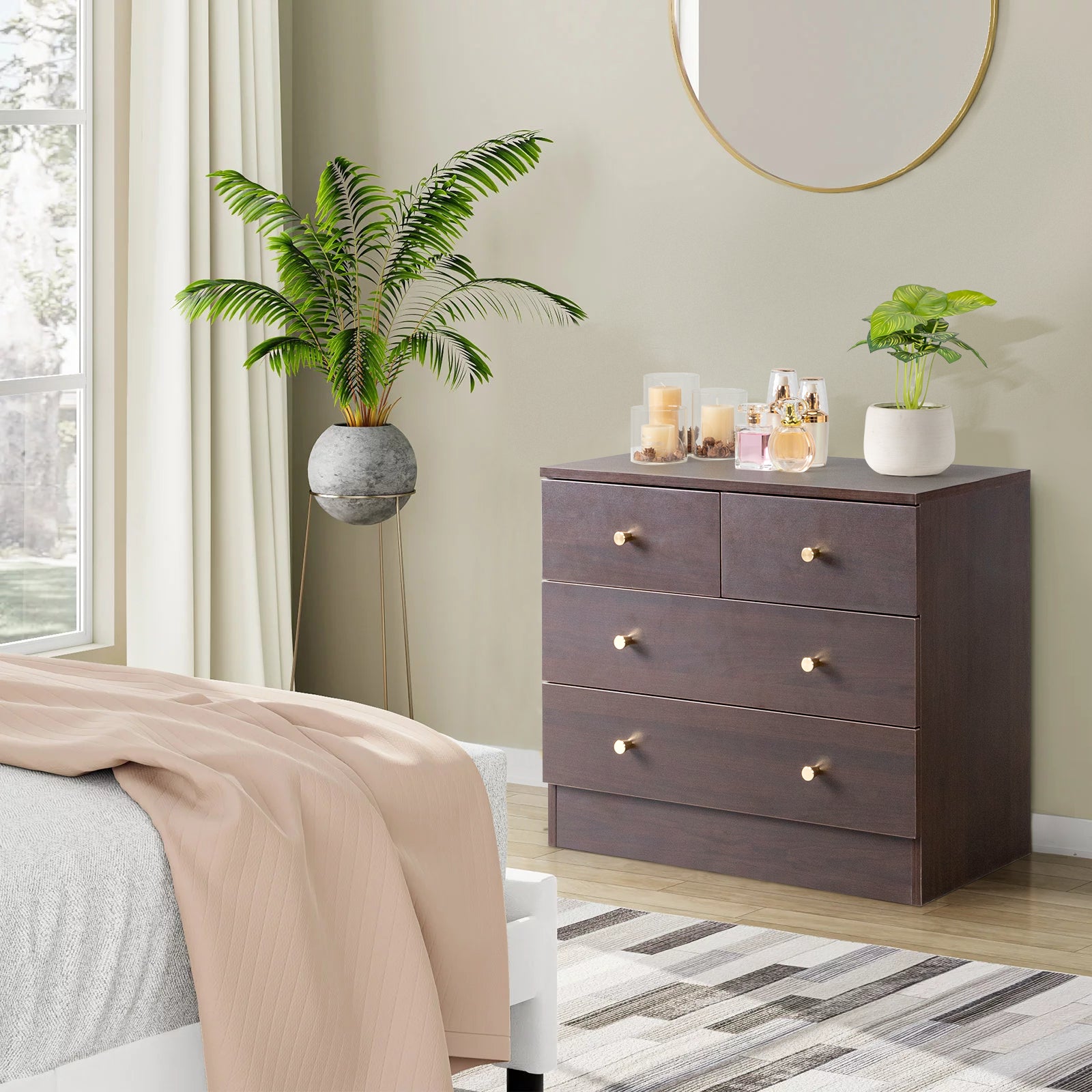 HAOYYE Modern 4-Drawer Dresser & Nightstand, Brown Finish Storage Chest, Durable Particleboard Furniture for Bedroom, Living Room, Home Organizer, Space-Saving Multifunctional Modern Storage Solution, Elegant Style, Practical Home Décor