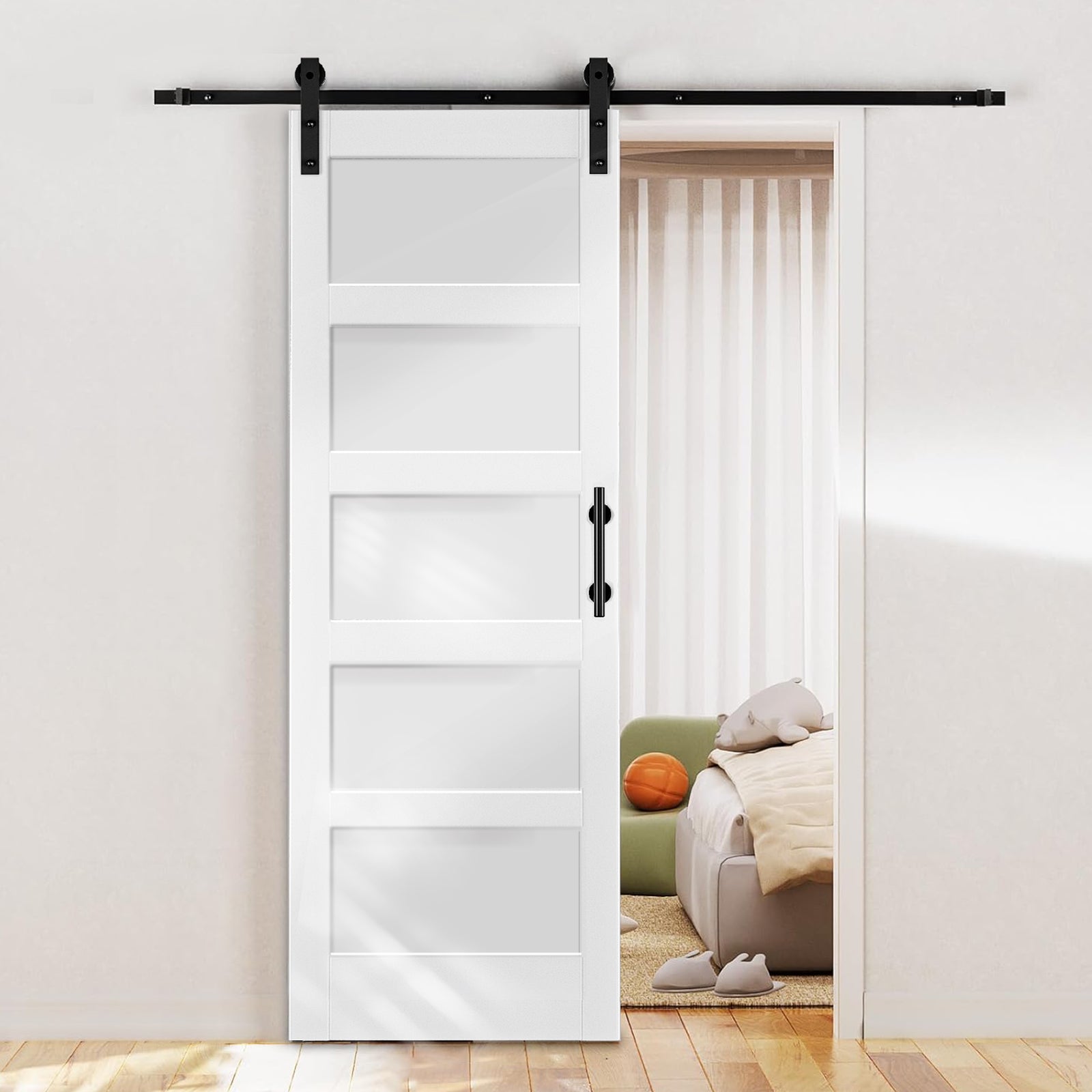 HAOYYE Unfinished Sliding Barn Door with 5FT Hardware Kit and Handle, 5 Panel Tempered Glass Door for Bedroom Living Room Kitchen Bathroom Garage, Modern Privacy Design, Easy DIY Assembly