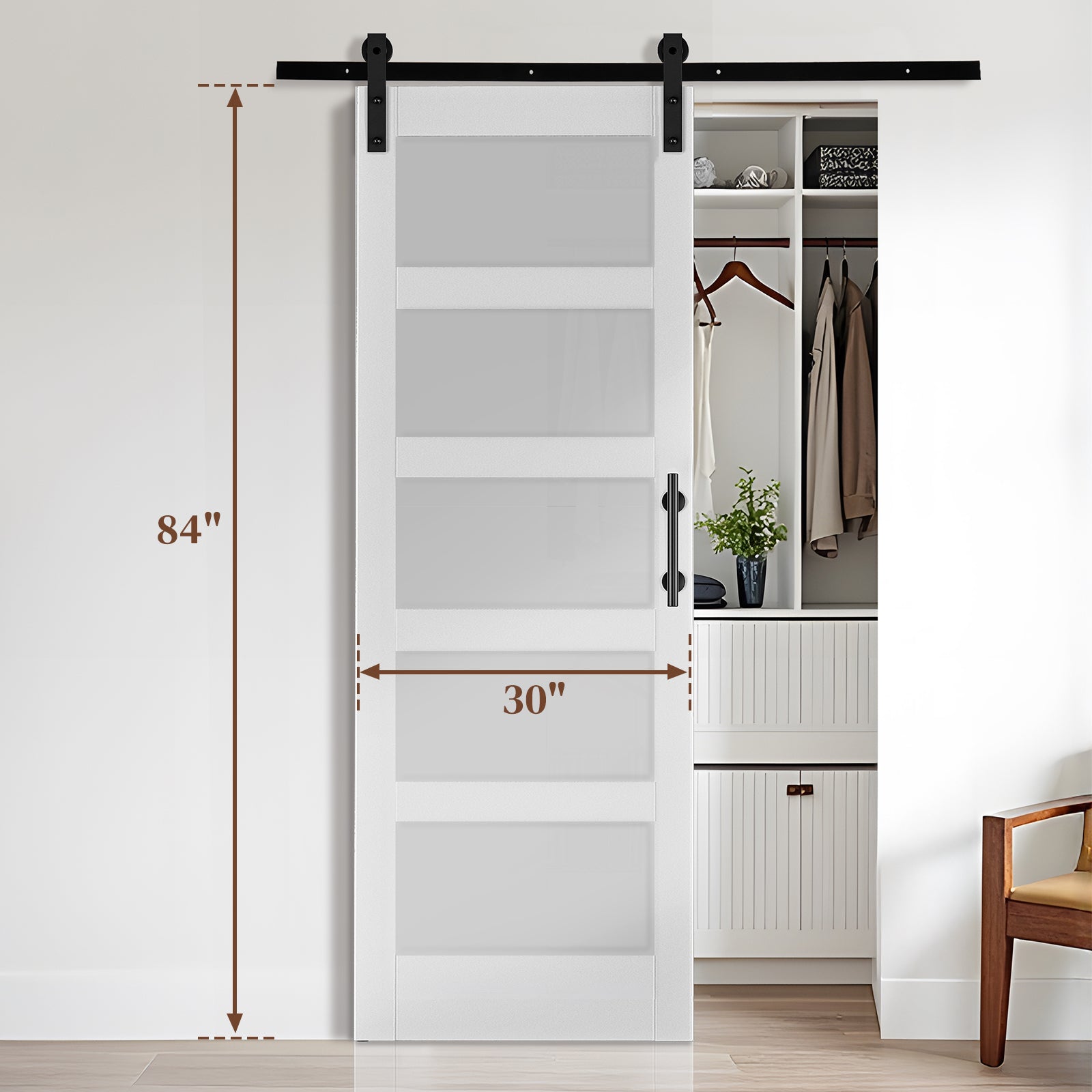 HAOYYE Unfinished Sliding Barn Door with 5FT Hardware Kit and Handle, 5 Panel Tempered Glass Door for Bedroom Living Room Kitchen Bathroom Garage, Modern Privacy Design, Easy DIY Assembly