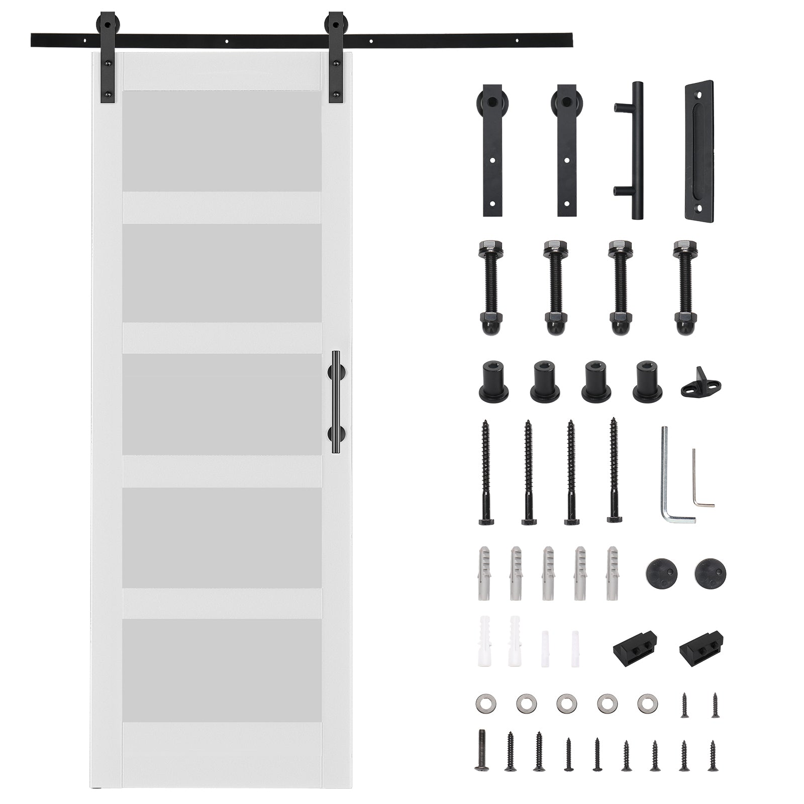 HAOYYE Unfinished Sliding Barn Door with 5FT Hardware Kit and Handle, 5 Panel Tempered Glass Door for Bedroom Living Room Kitchen Bathroom Garage, Modern Privacy Design, Easy DIY Assembly