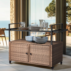 HAOYYE Outdoor Wicker Bar Cart Table Light Brown Rolling Buffet Serving Cart with Glass Top Storage Cabinet and Side Handles Portable Patio Island Cart on Wheels for Porch Backyard Garden Poolside Entertaining