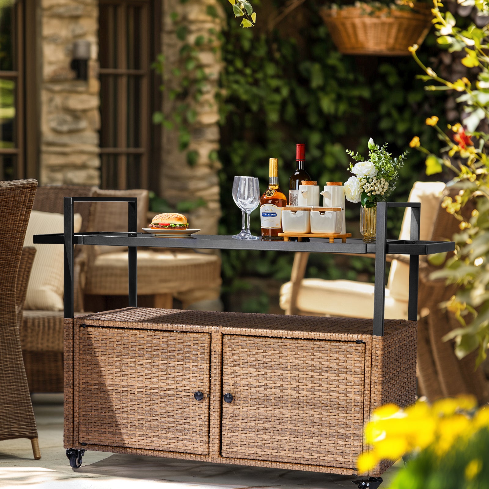 HAOYYE Outdoor Wicker Bar Cart Table Light Brown Rolling Buffet Serving Cart with Glass Top Storage Cabinet and Side Handles Portable Patio Island Cart on Wheels for Porch Backyard Garden Poolside Entertaining