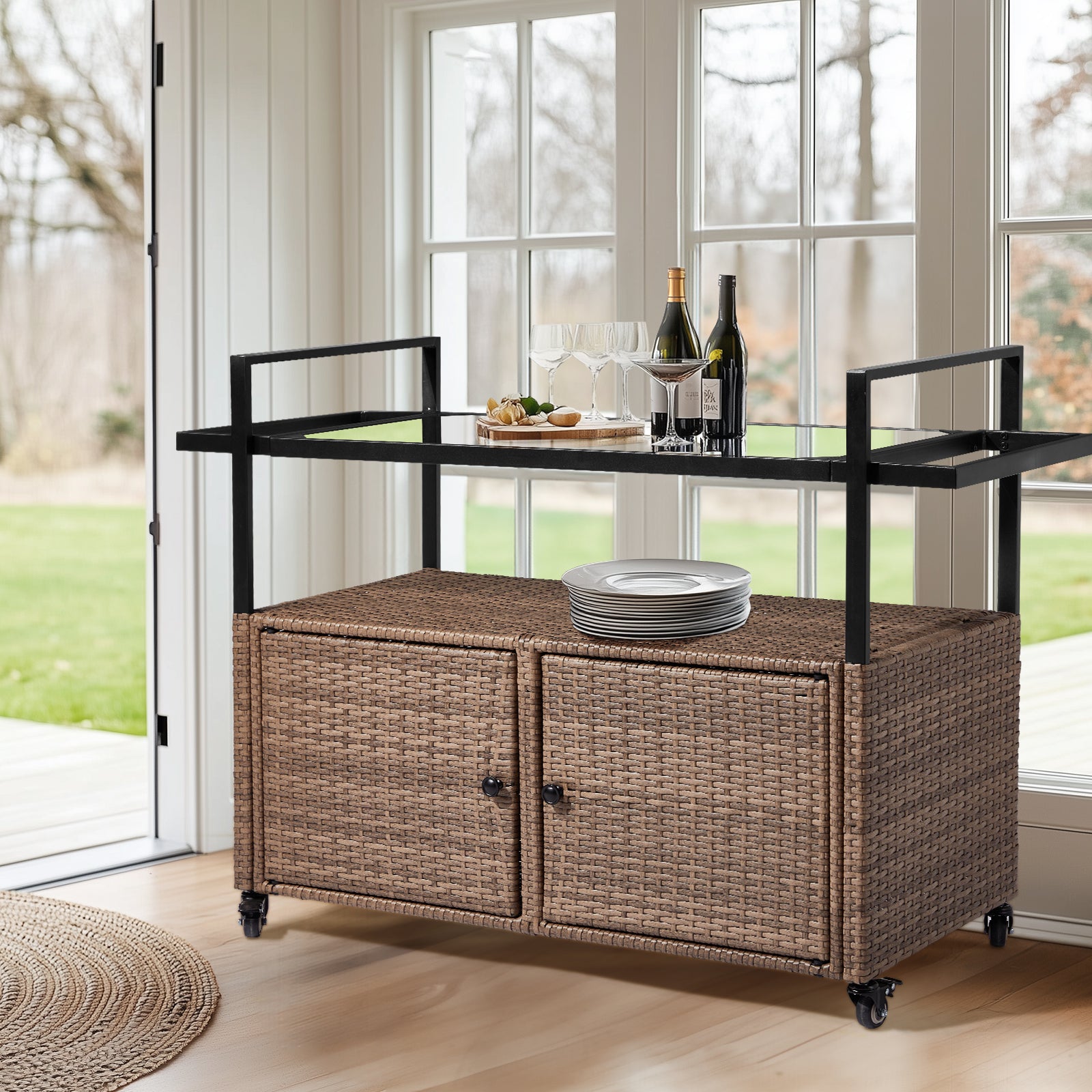 HAOYYE Outdoor Wicker Bar Cart Table Light Brown Rolling Buffet Serving Cart with Glass Top Storage Cabinet and Side Handles Portable Patio Island Cart on Wheels for Porch Backyard Garden Poolside Entertaining
